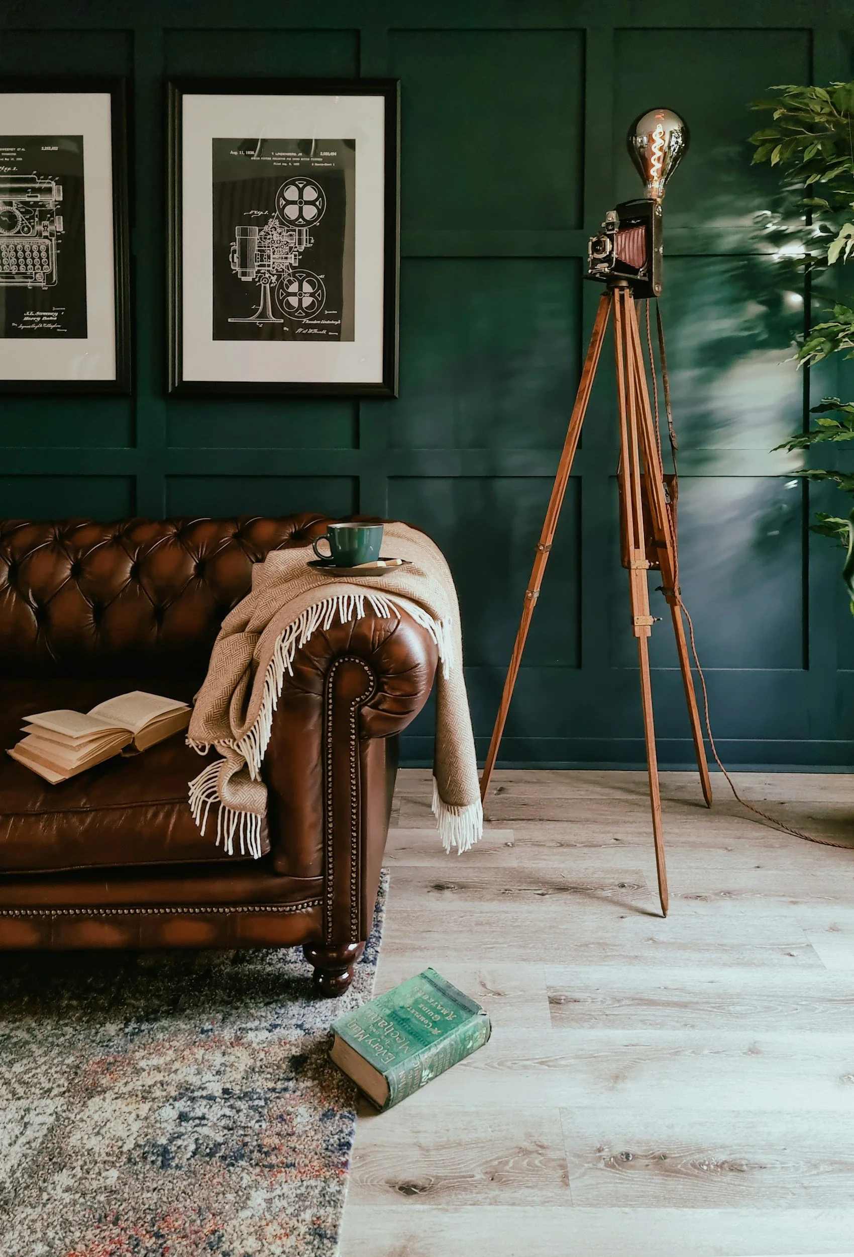Cozy living room corner with a brown leather tufted sofa, an open book, a green mug on a plate and a beige throw blanket on the armrest. A vintage camera on a wooden tripod, a framed blueprint on the wall, a green wall, a potted plant, and a green hardcover book on the floor.