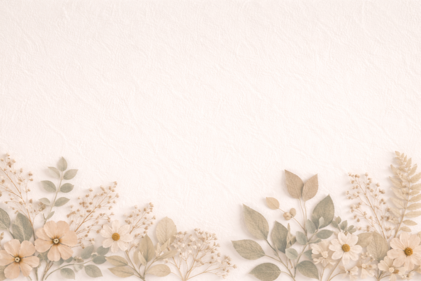 Light beige floral border with dried flowers and leaves at the bottom of the image on a white background