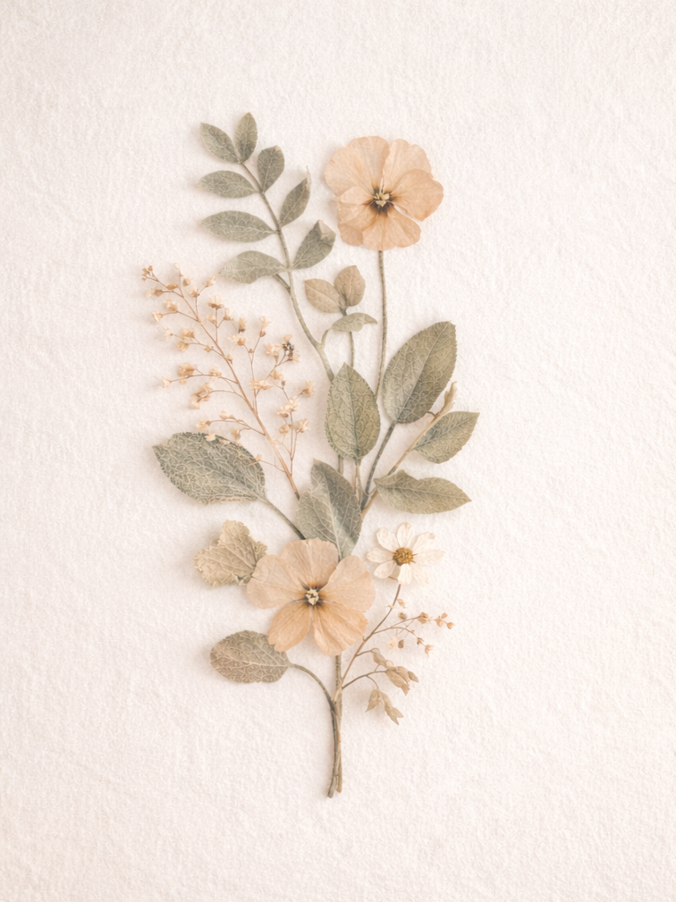 Dried beige and gray flowers and leaves arranged on a white background.