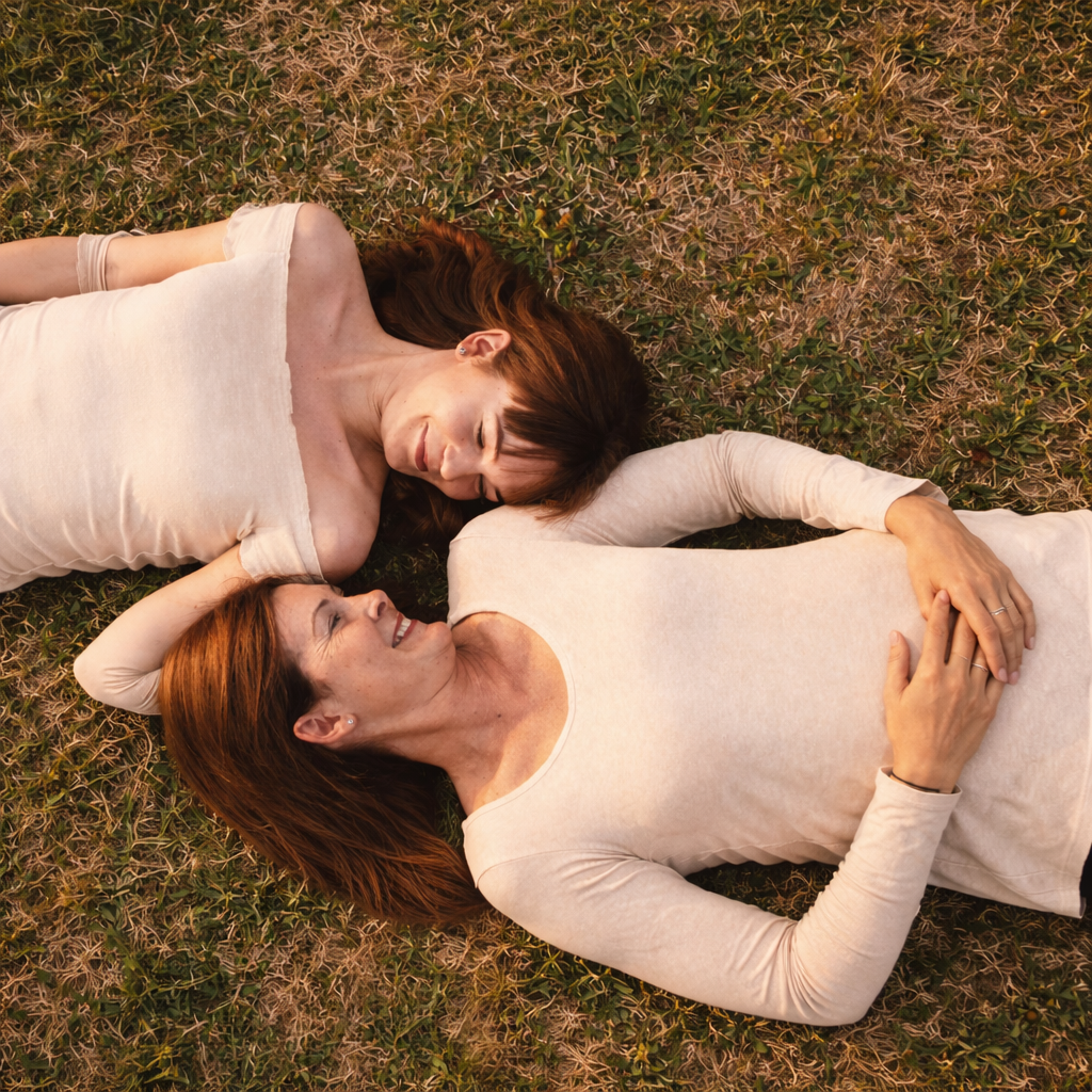 Two women lying on grass, facing each other, smiling and looking into each other's eyes.