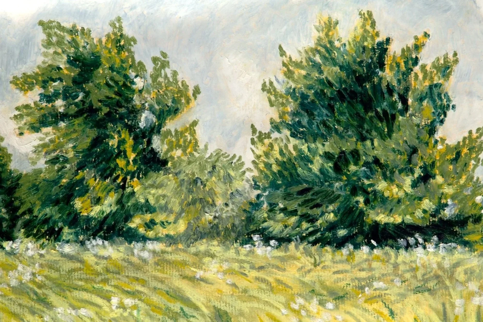 A landscape painting of green trees with a sky in the background, created in an impressionist style.