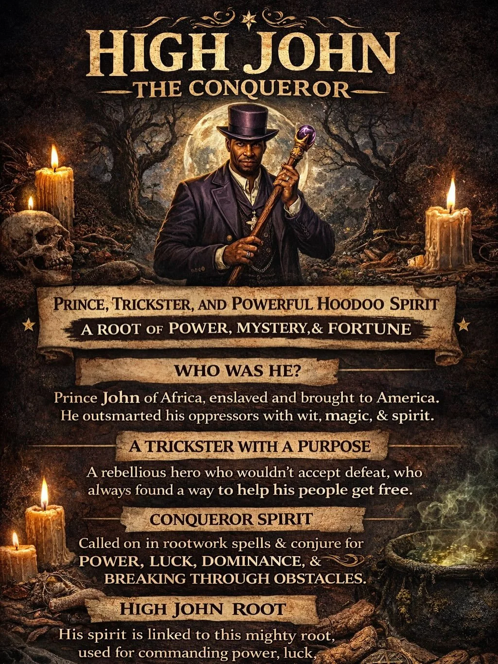 High John the Conqueror is not just a product, not just a root, and definitely not just a story&hellip; he is spirit.

High John comes out of the oral traditions of enslaved Africans in the American South&mdash;described as a prince, a trickster, a m