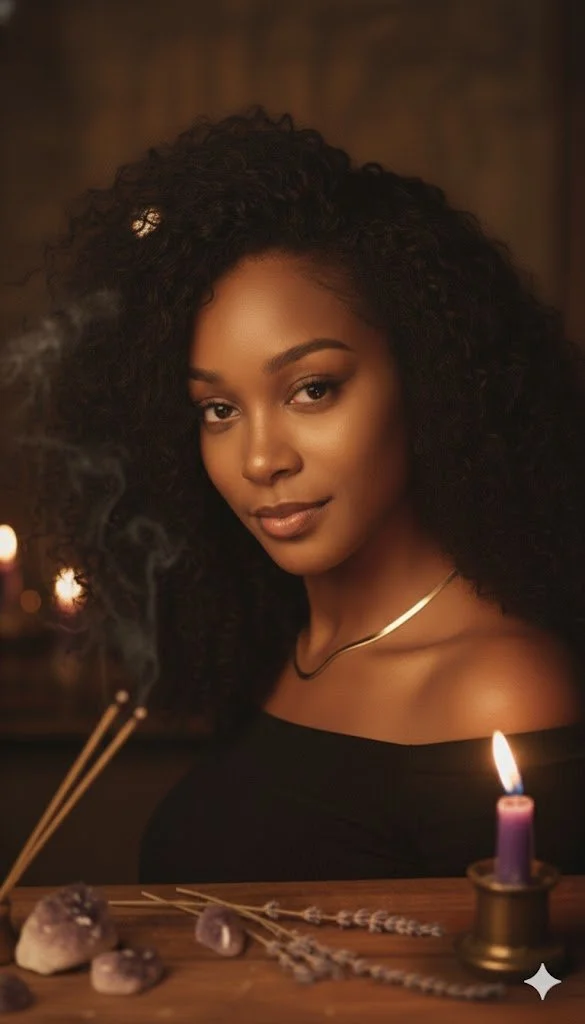 A woman with curly hair and glowing skin sitting at a table with lit candles, incense sticks, and stones, in a dimly lit room, wearing a black off-shoulder top and a silver necklace.