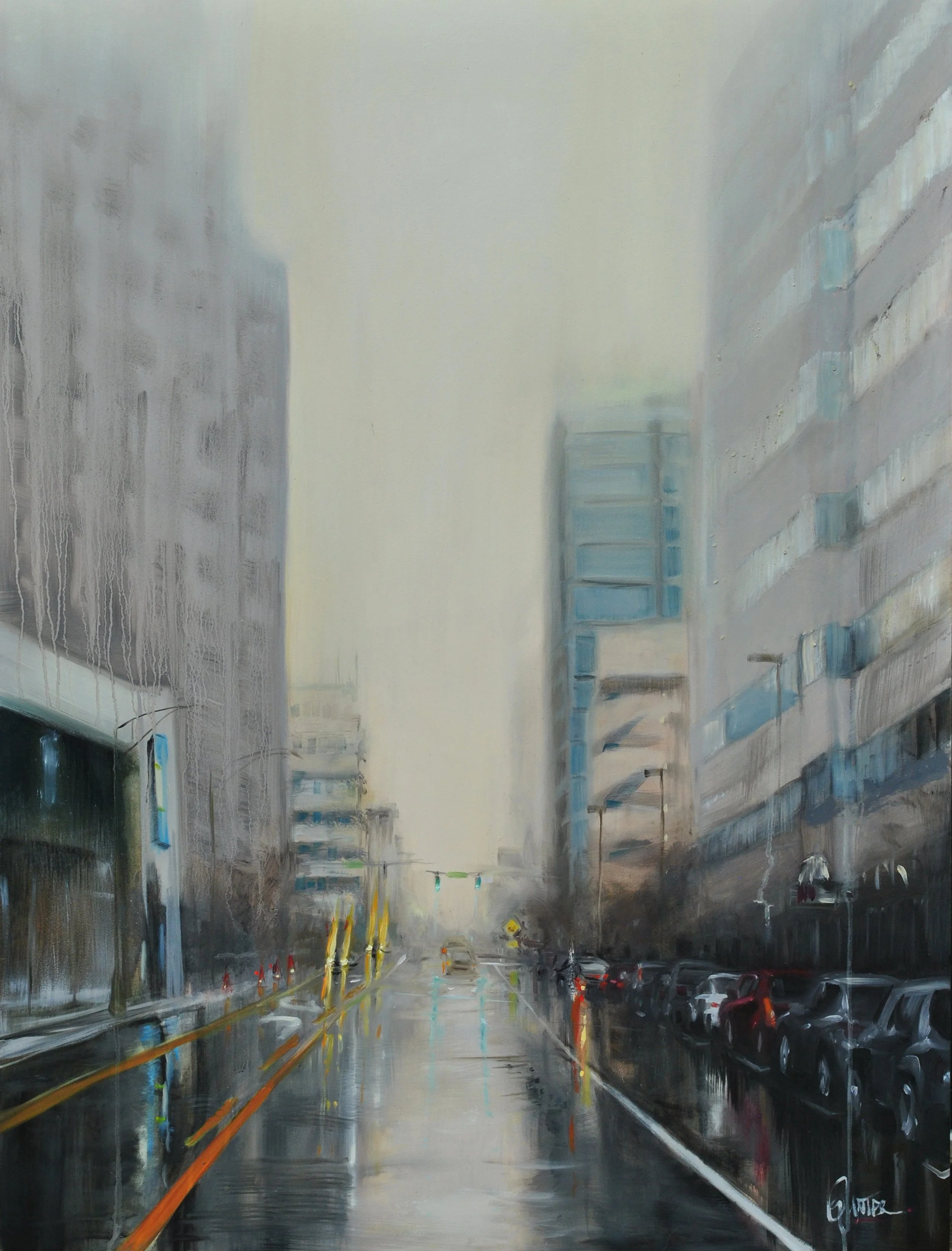 A painting of Elm street Greensboro North Carilina with tall buildings on both sides, wet pavement reflecting the surroundings, a line of parked cars, and traffic lights in the distance titled "Downtown in December."