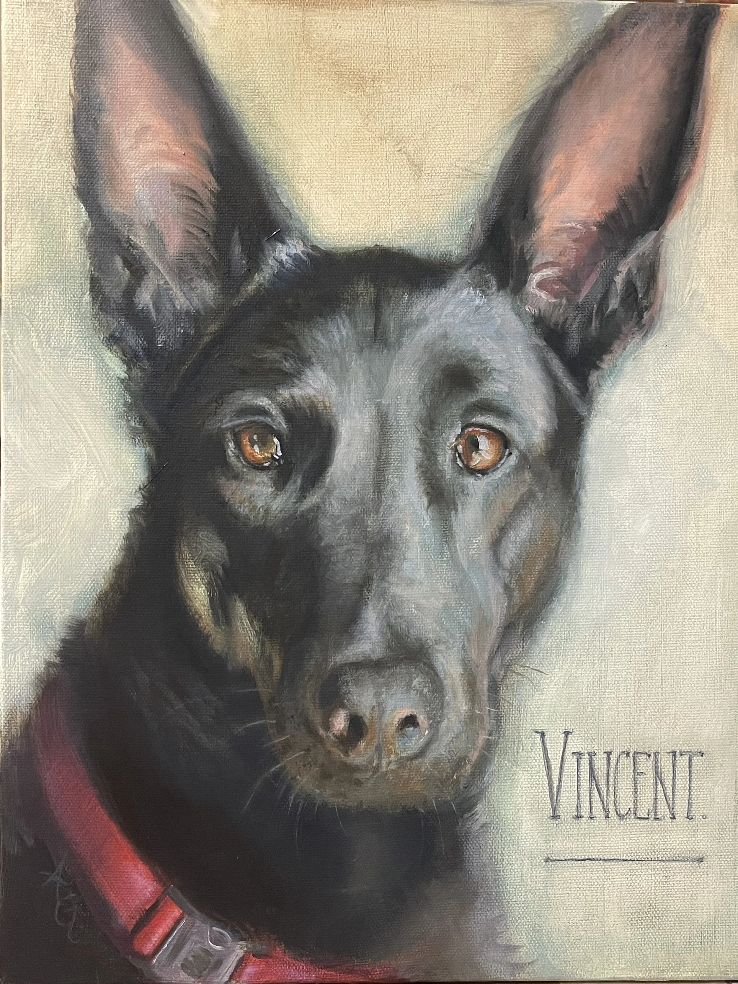 A realistic portrait painting of a black dog with tan markings and large ears, wearing a red collar. The dog has amber eyes and is looking directly at the viewer. The background is a soft, light color, and the name "VINCENT."