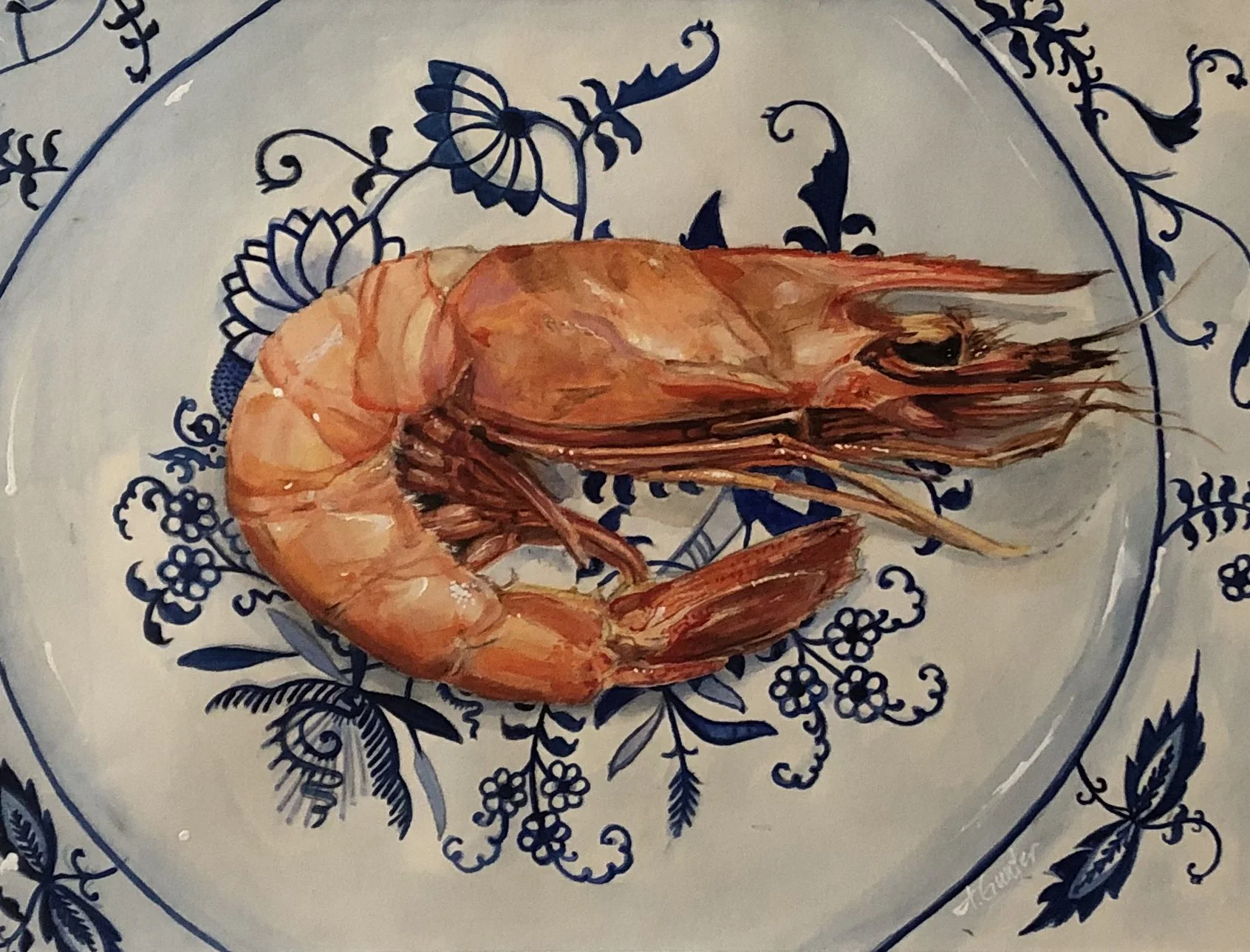 An illustration of a cooked shrimp on a decorative blue and white floral plate Blue Danube.