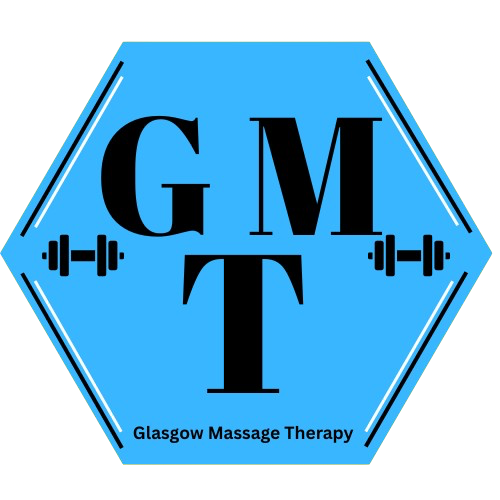 Logo for Glasgow Massage Therapy featuring a blue hexagon with black text and a barbell with dumbbells on either side.
