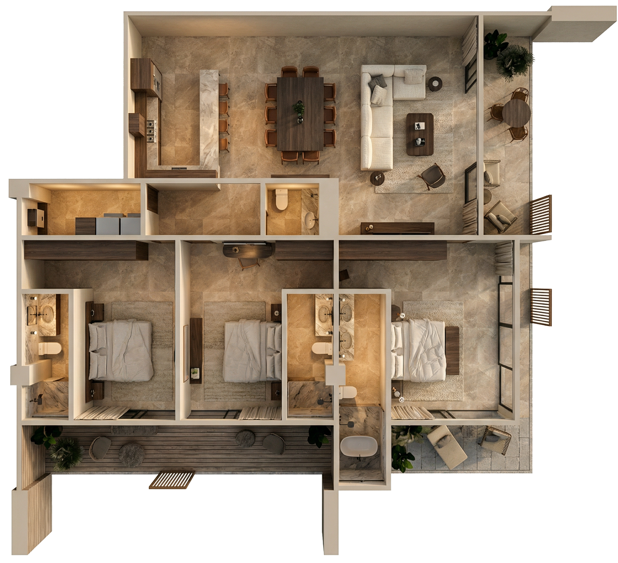 Top-down view of a modern, furnished apartment with three bedrooms, a living room, a dining area, a kitchen, two bathrooms, and a balcony with outdoor seating.
