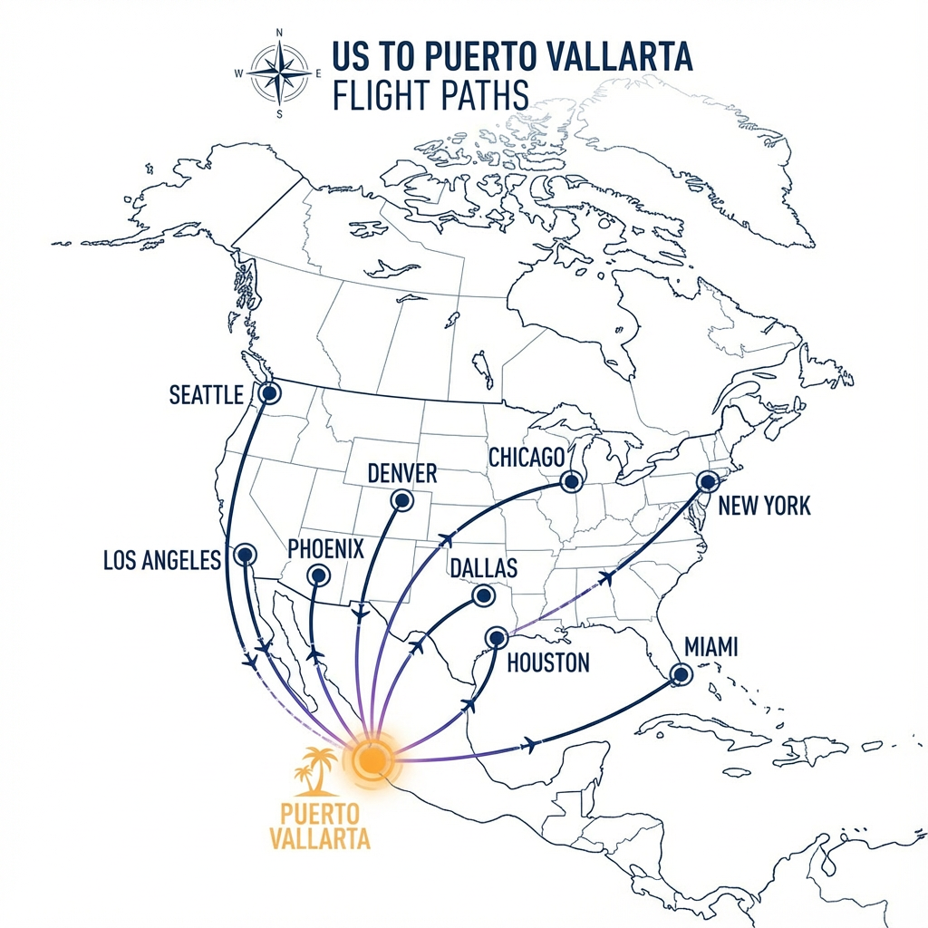 Map illustrating flight routes from Puerto Vallarta to various cities in the United States, including Seattle, Los Angeles, Phoenix, Denver, Chicago, Dallas, Houston, Miami, and New York.