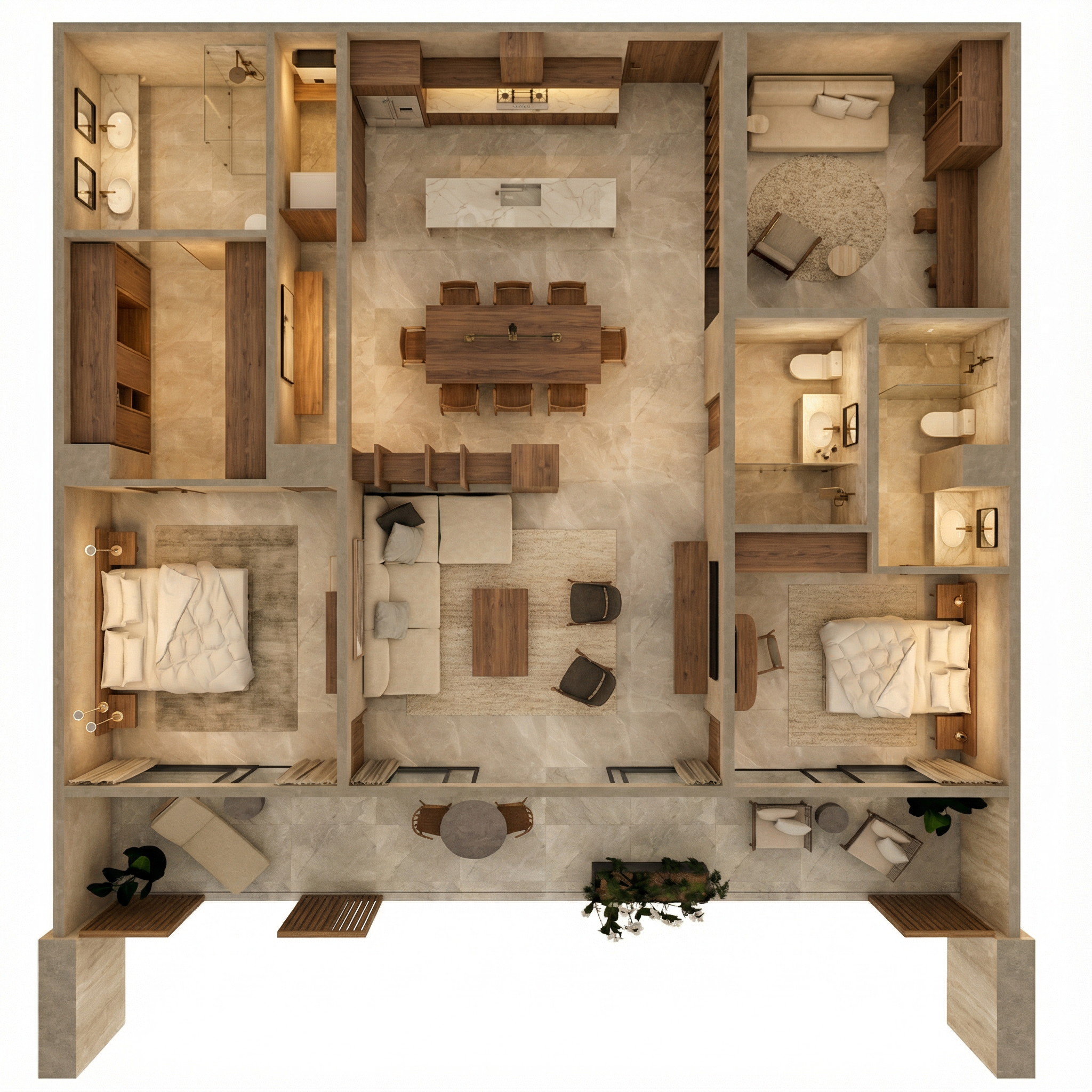 Top-down view of a modern apartment with two bedrooms, a living room, a kitchen, two bathrooms, and a balcony with outdoor seating.