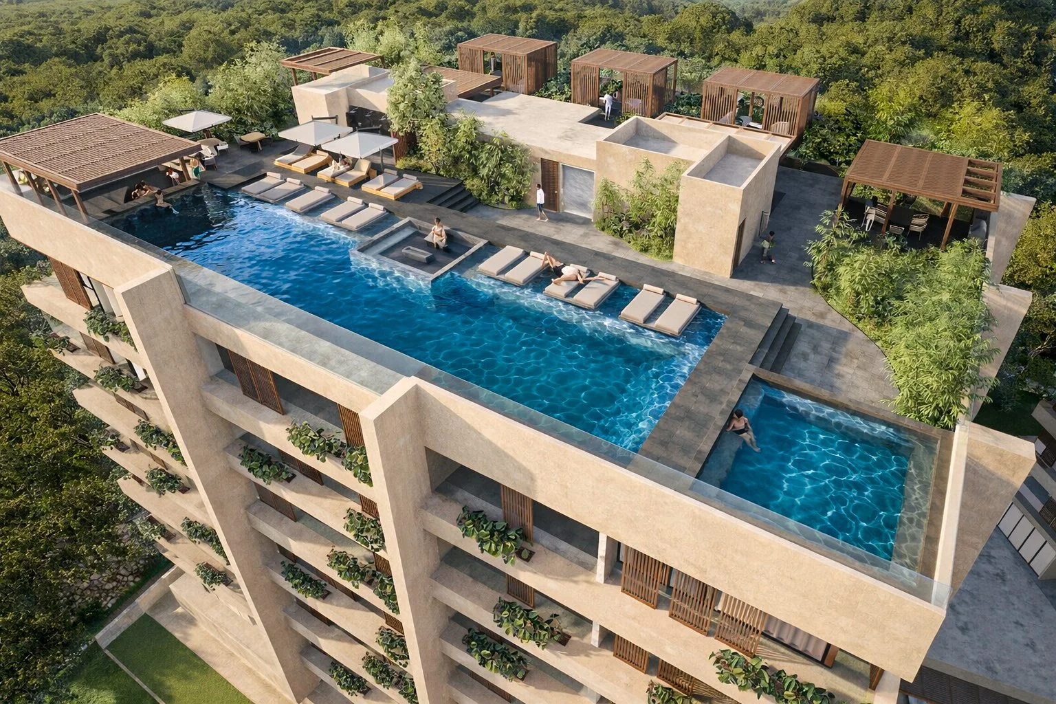 A modern rooftop swimming pool on top of a high-rise building, surrounded by lounge chairs, shaded seating areas, and lush green trees, overlooking a cityscape.