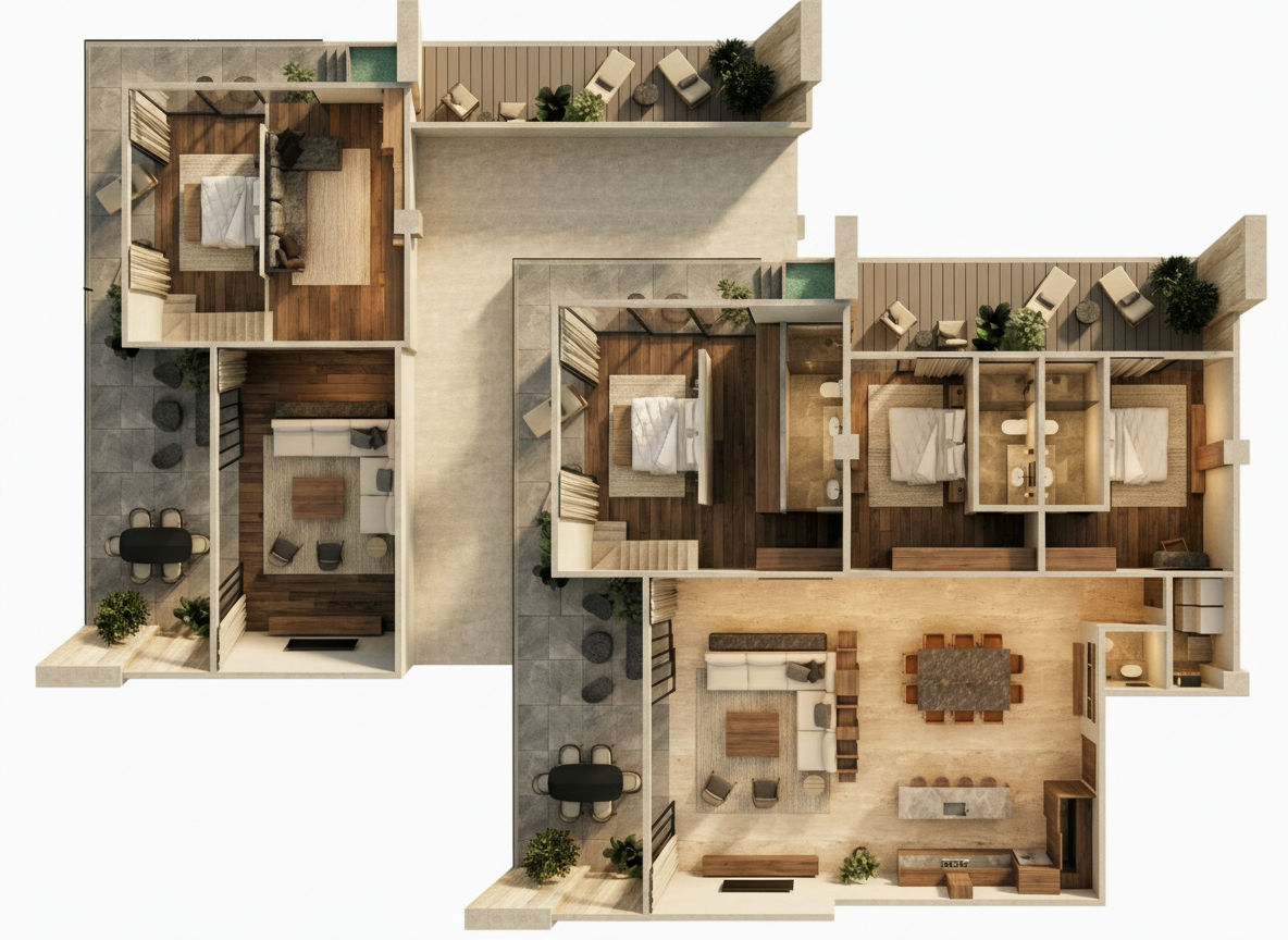 Top-down view of a modern apartment layout showing bedrooms, bathrooms, living rooms, kitchens, dining areas, and balconies with outdoor furniture and plants.