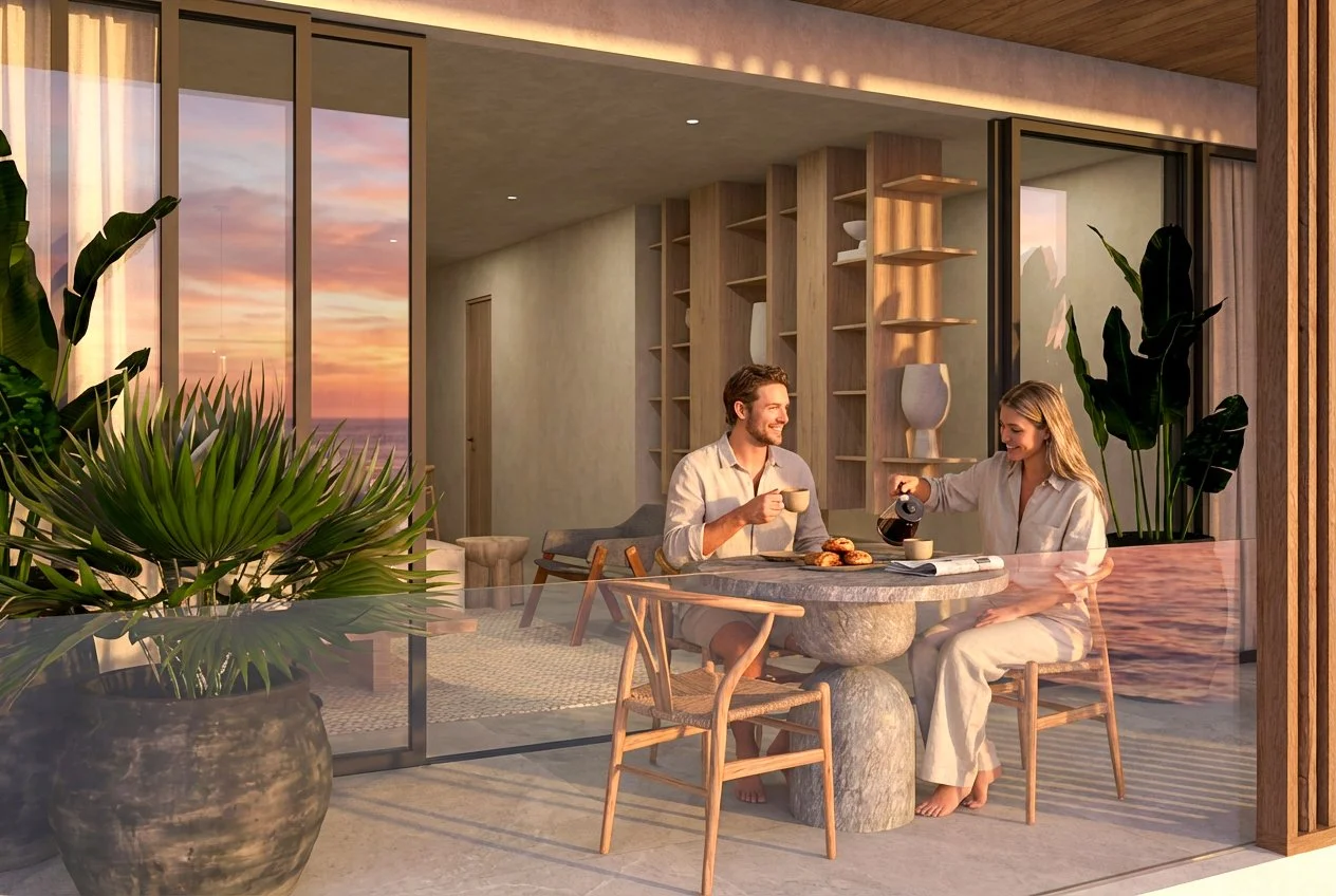 A man and a woman sitting at a round stone table, enjoying coffee and pastries, on a balcony overlooking a sunset over the water, with potted plants and modern decor in the background.