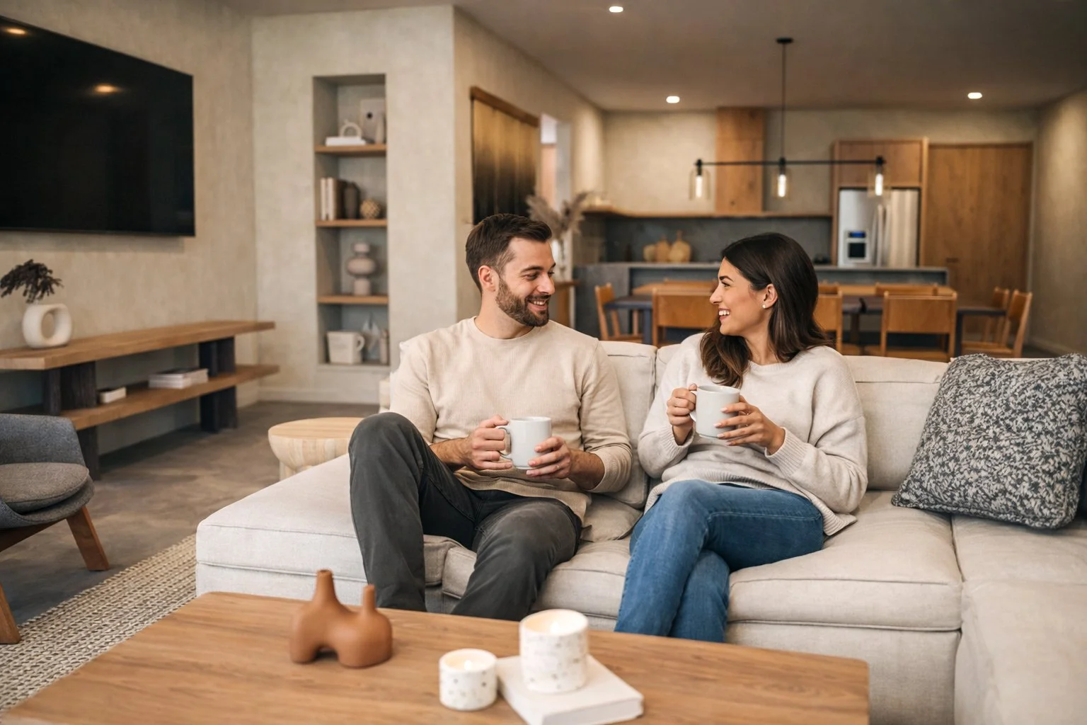 A man and woman sit on a beige sofa, smiling and holding coffee mugs, in a modern, cozy living room with wood accents.