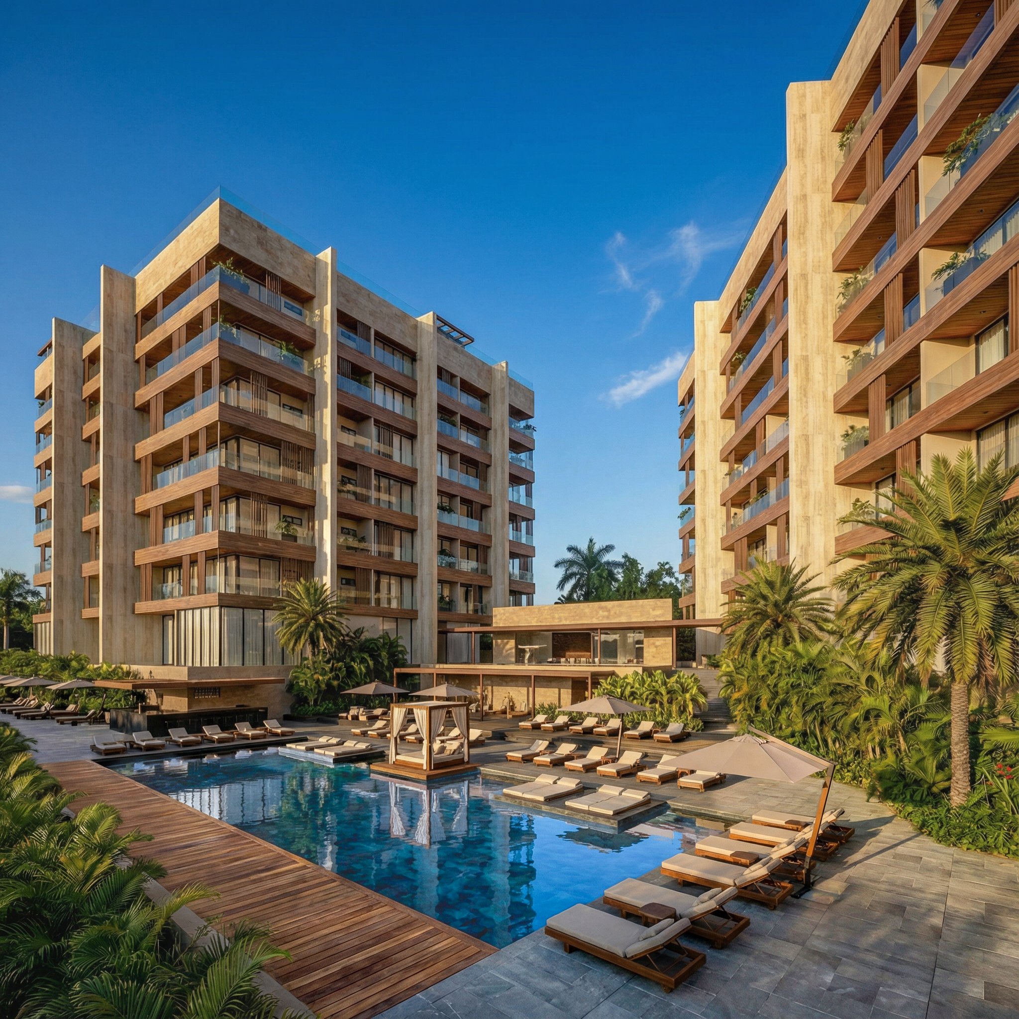 Luxury hotel complex with a swimming pool surrounded by lounge chairs, umbrellas, and lush tropical plants under a clear blue sky.
