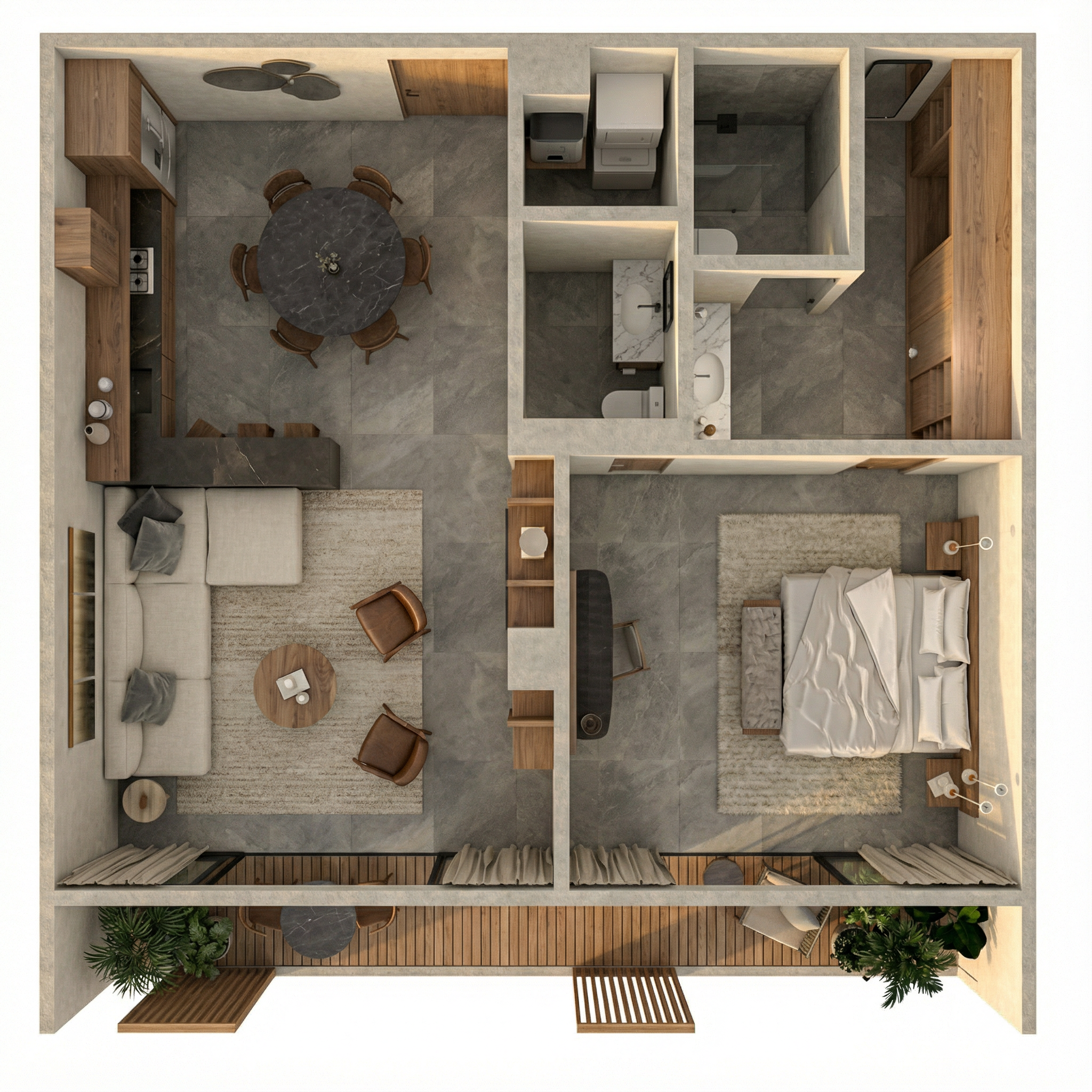 Floor plan of a small apartment with a bedroom, living room, dining area, kitchen, bathroom, and balcony.