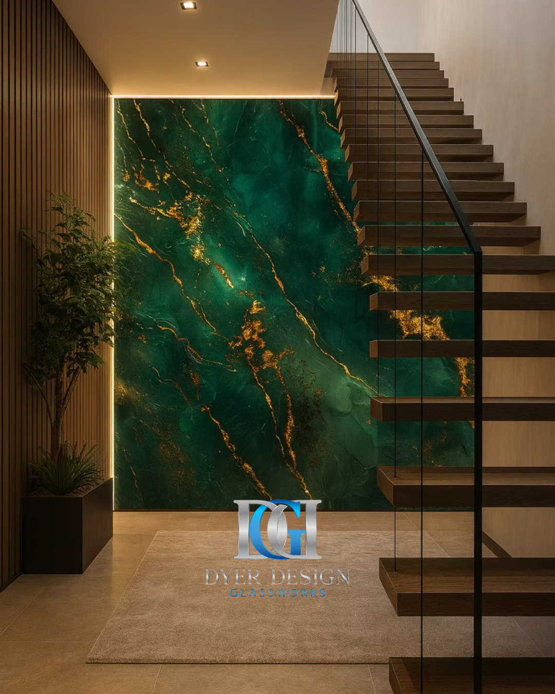 Custom illuminated glass feature wall with RGBW color-changing lighting in a luxury residential interior