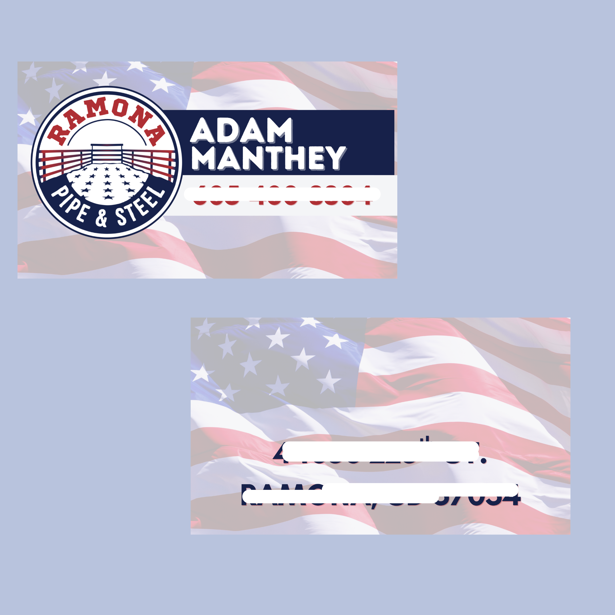 A political campaign sticker with a Ramona Pipe & Steel logo, featuring an American flag background and text promoting Adam Manthey for office, with contact and social media information.