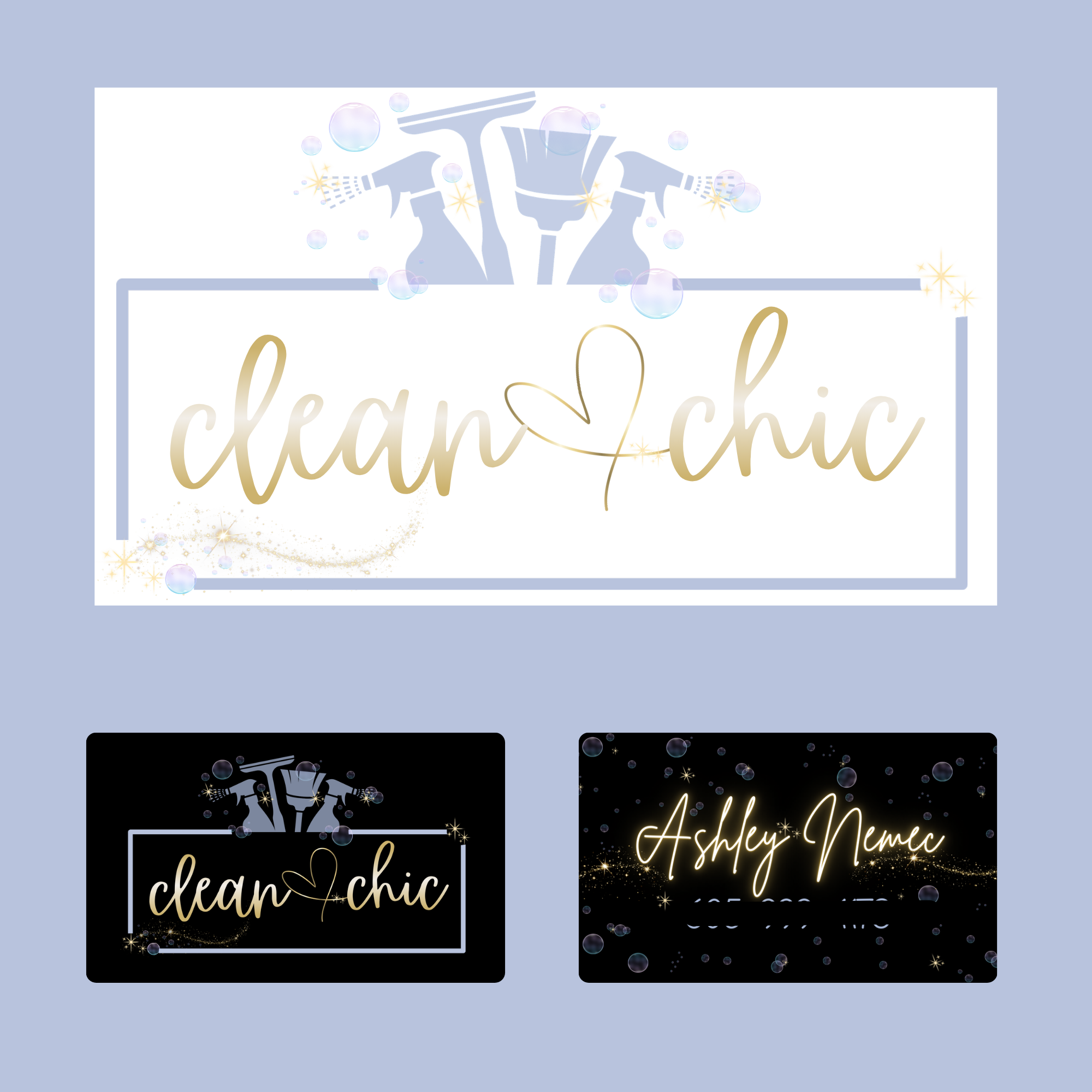 Three digital designs for a cleaning business called 'clean chic,' featuring cleaning spray bottles, bubbles, and sparkles. The main design has a white background with gold cursive text, a heart-shaped line, and light blue accents. The smaller designs are on black backgrounds with similar elements, one with the business name and the other with the name 'Ashley Nemec' in illuminated script.