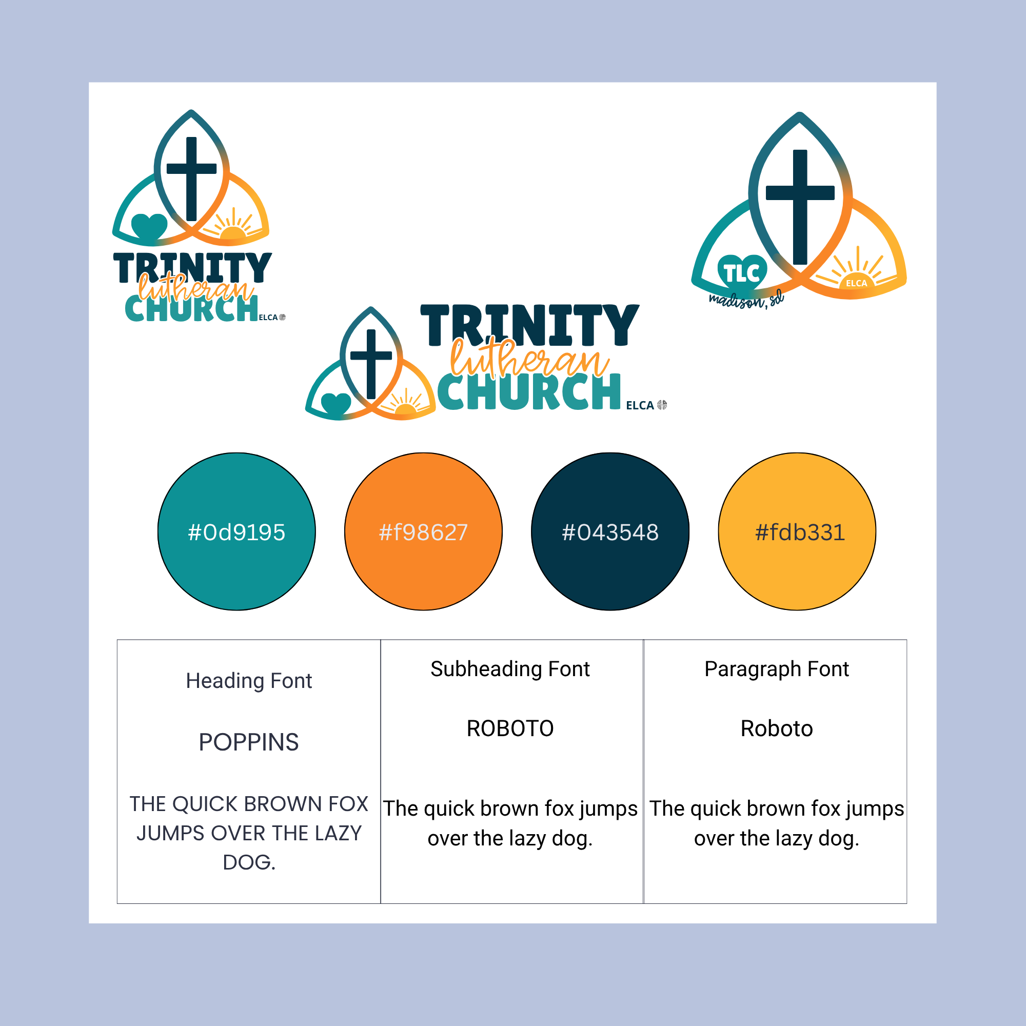 A branding style guide featuring logos of Trinity Lutheran Church with different color schemes, color palette with hex codes, and font specifications for headings, subheadings, and paragraph text.