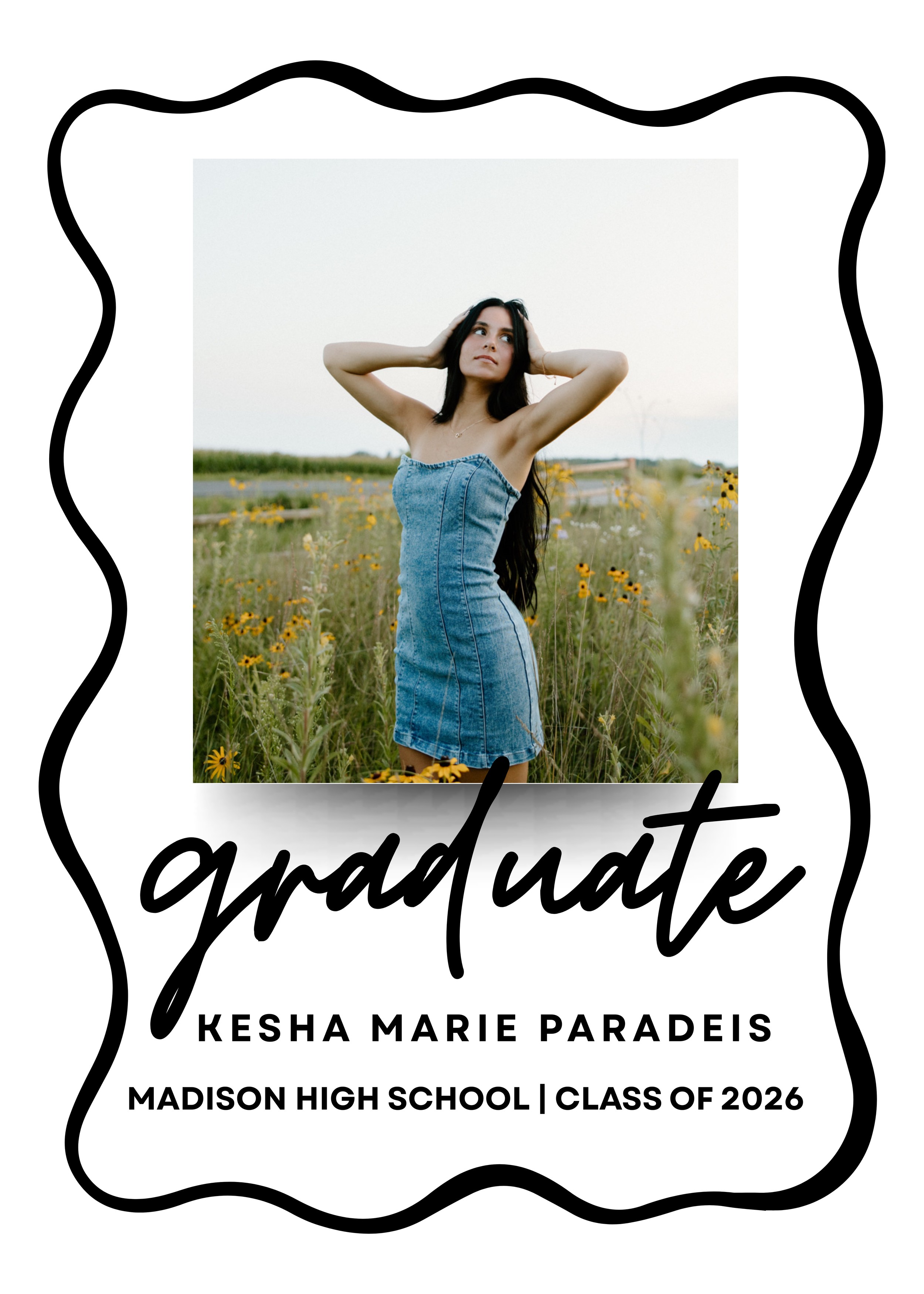 Graduation announcement card with a photo of a young woman in a denim dress standing in a field of yellow flowers, looking away with her hands in her hair. The card features black decorative borders and text indicating her name, Kesha Marie Paradeis, her school, Madison High School, and her graduating class of 2026.