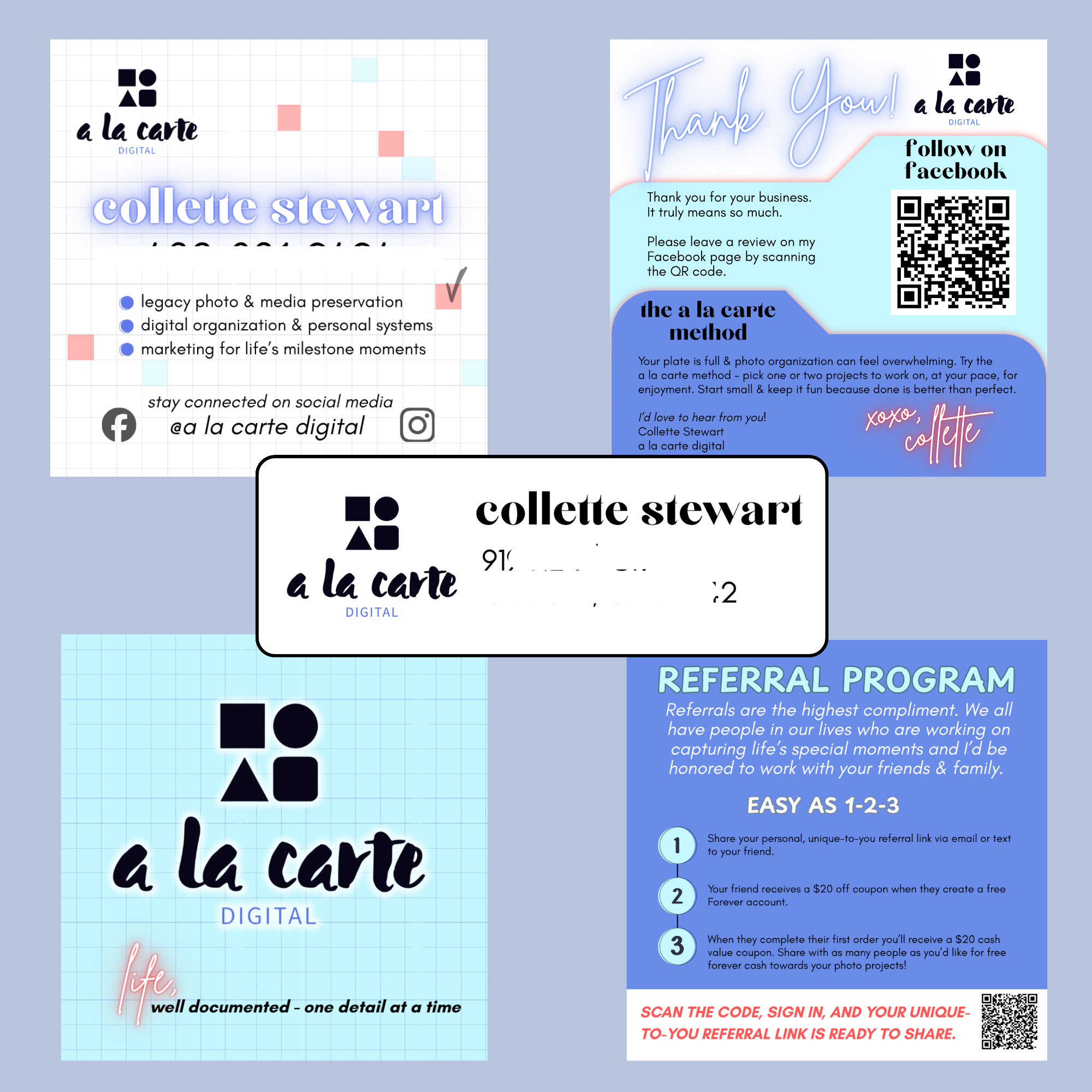Collage of digital branding and marketing materials for 'a la carte', featuring logos, social media handles, business cards, thank you and referral program messages, with blue, black, white, and pink colors.