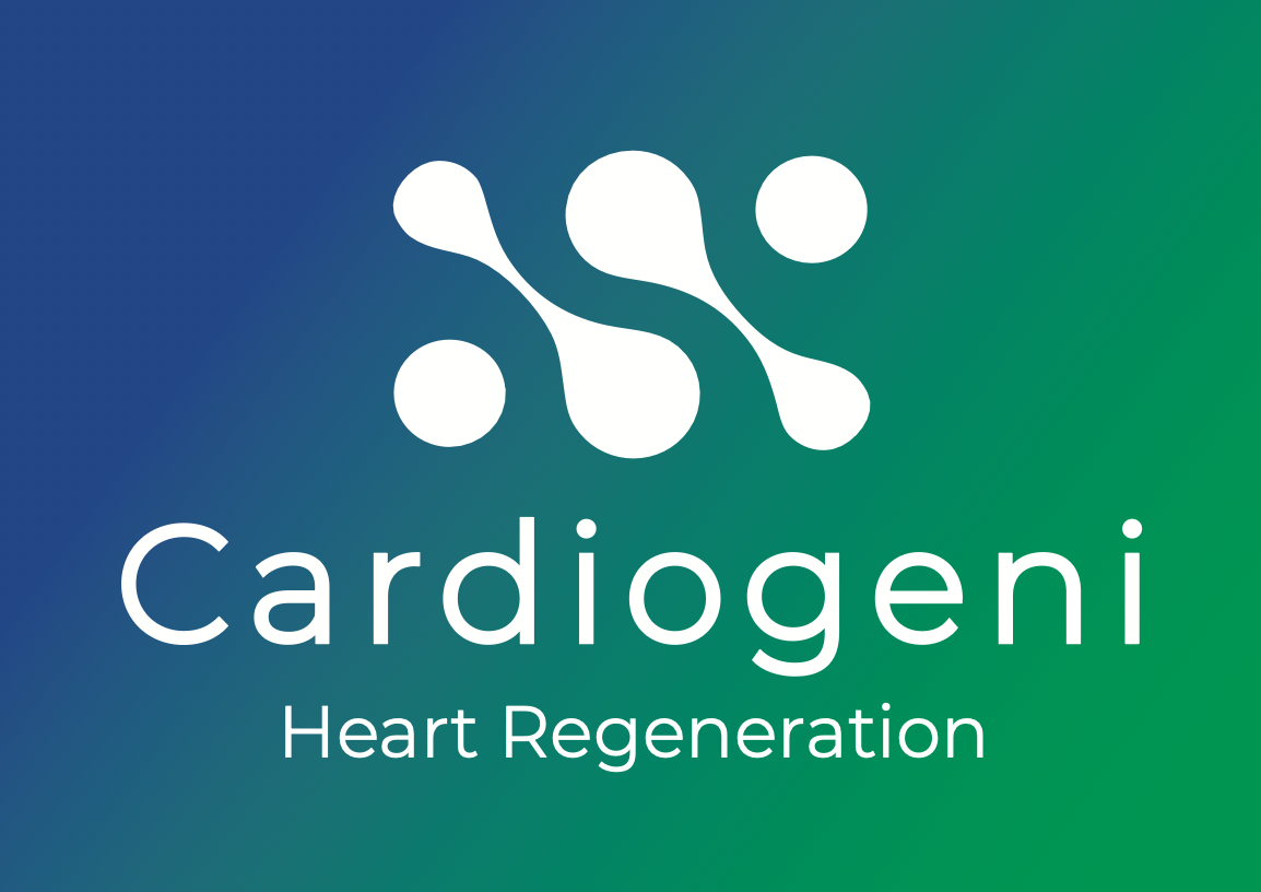Logo for Cardiogeni Heart Regeneration with abstract white interconnected shapes and the text on a green to blue gradient background.