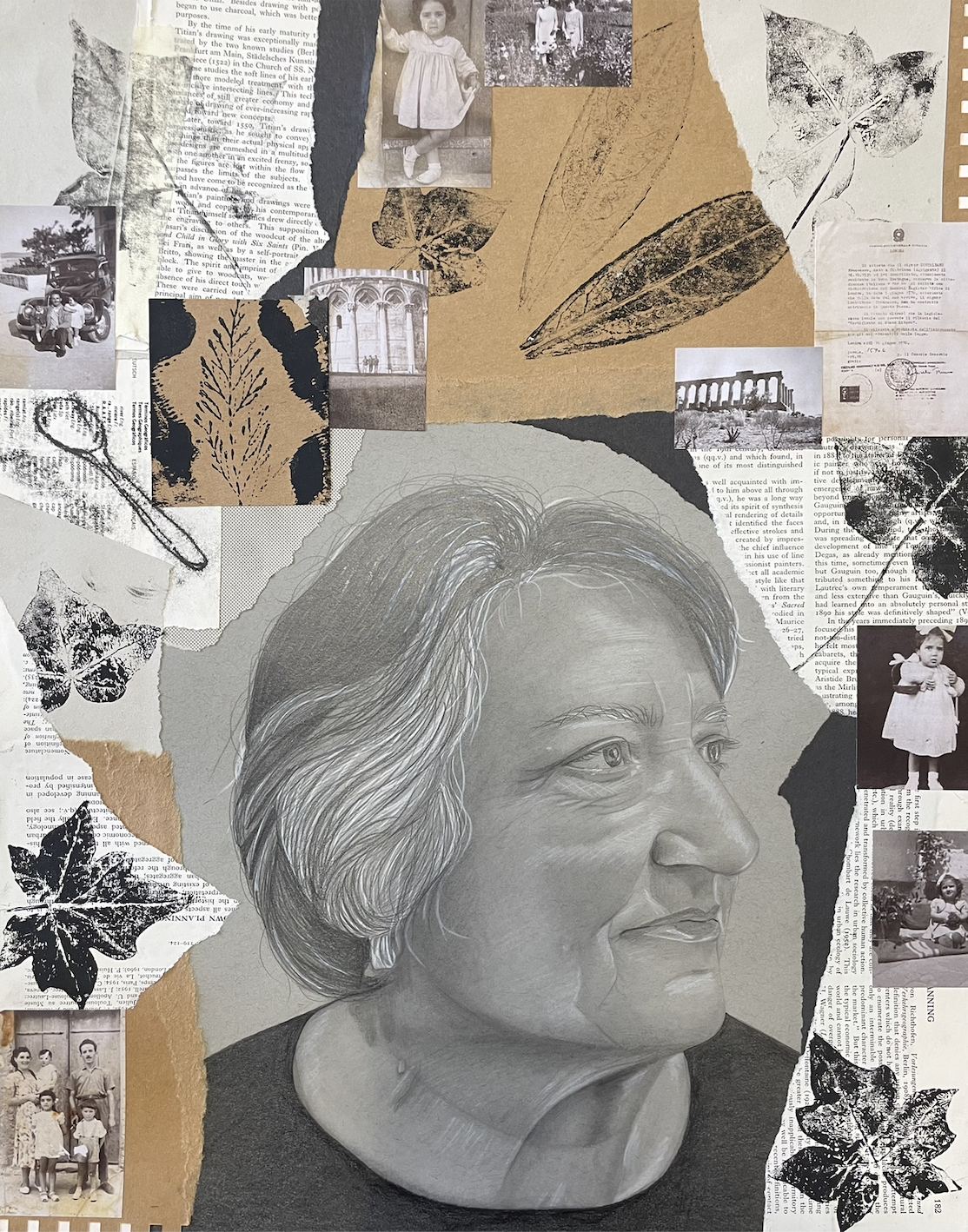 A collage artwork featuring a detailed pencil sketch of an elderly woman's face on a background mixed with torn paper, photographs, leaf illustrations, and snippets of text.