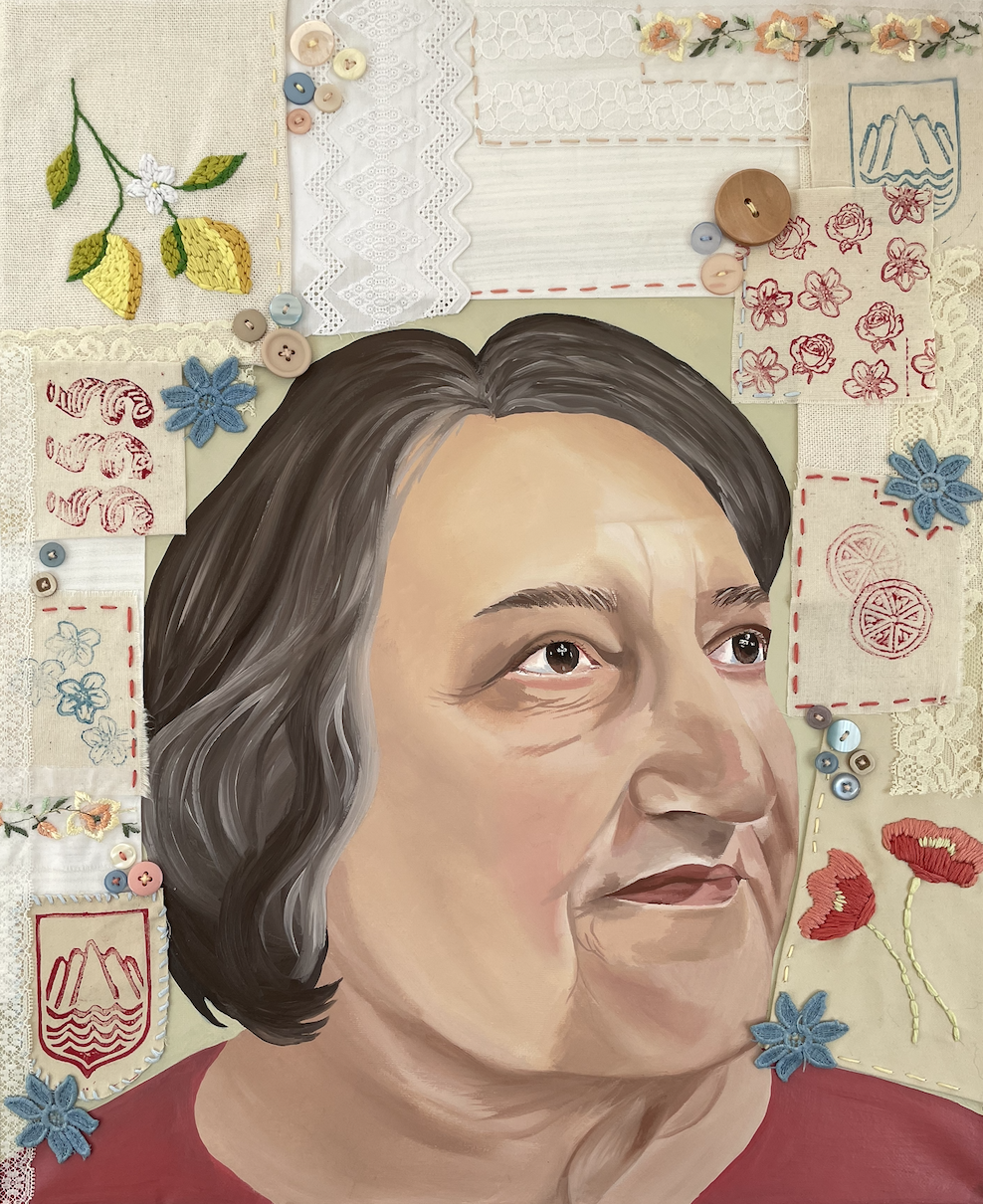 Painted portrait of an older woman with short dark hair, surrounded by fabric swatches, embroidery, buttons, and textile decorations.