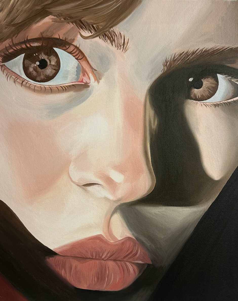 Close-up of a portrait painting of a woman's face, showing her brown eyes, nose, and lips, with some shadowing on one side.