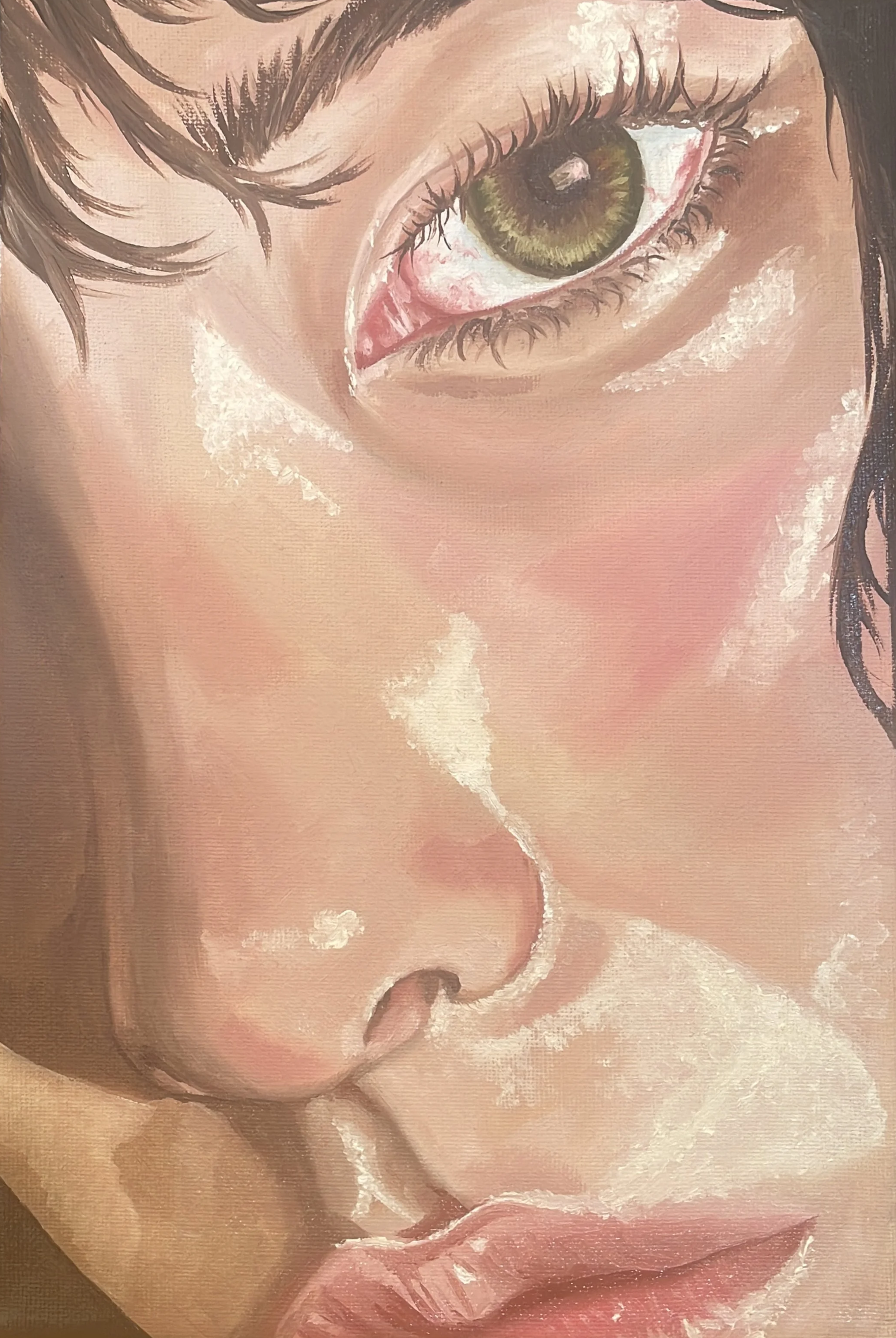 A close-up painting of a person's face, focusing on one eye, nose, and lips, with detailed rendering of skin and features.