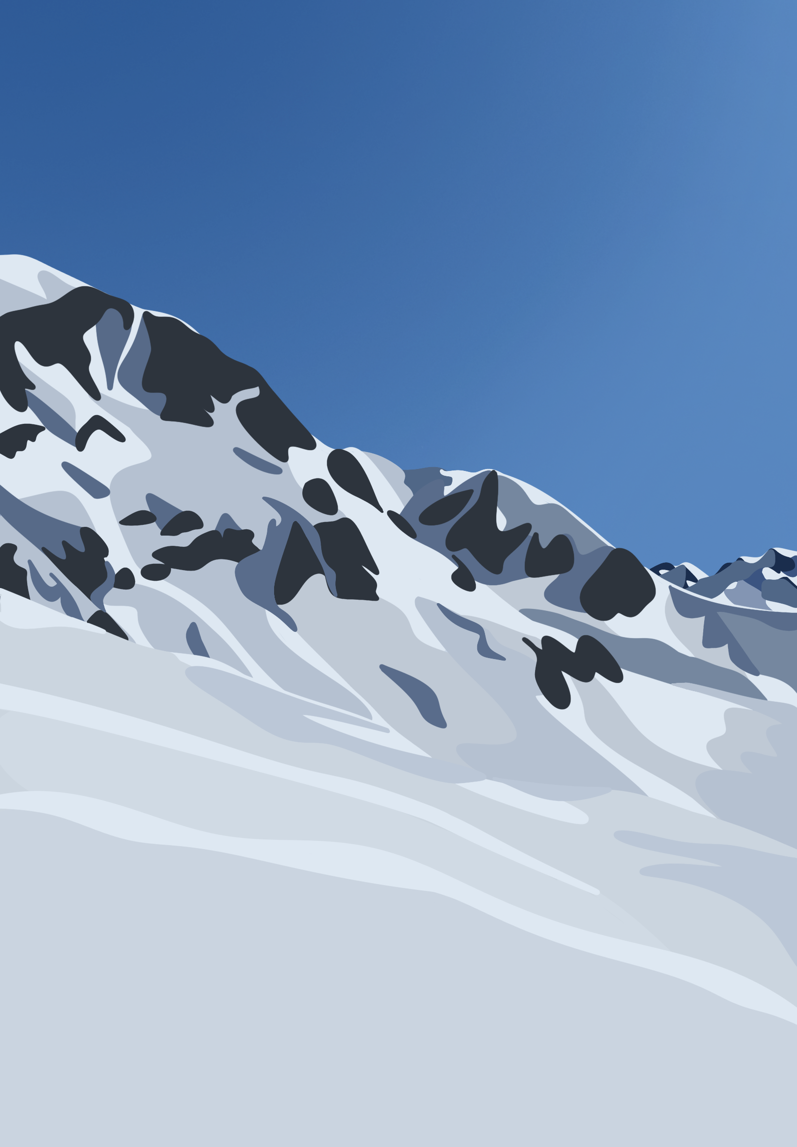 Illustration of snow-covered mountain range under a clear blue sky.