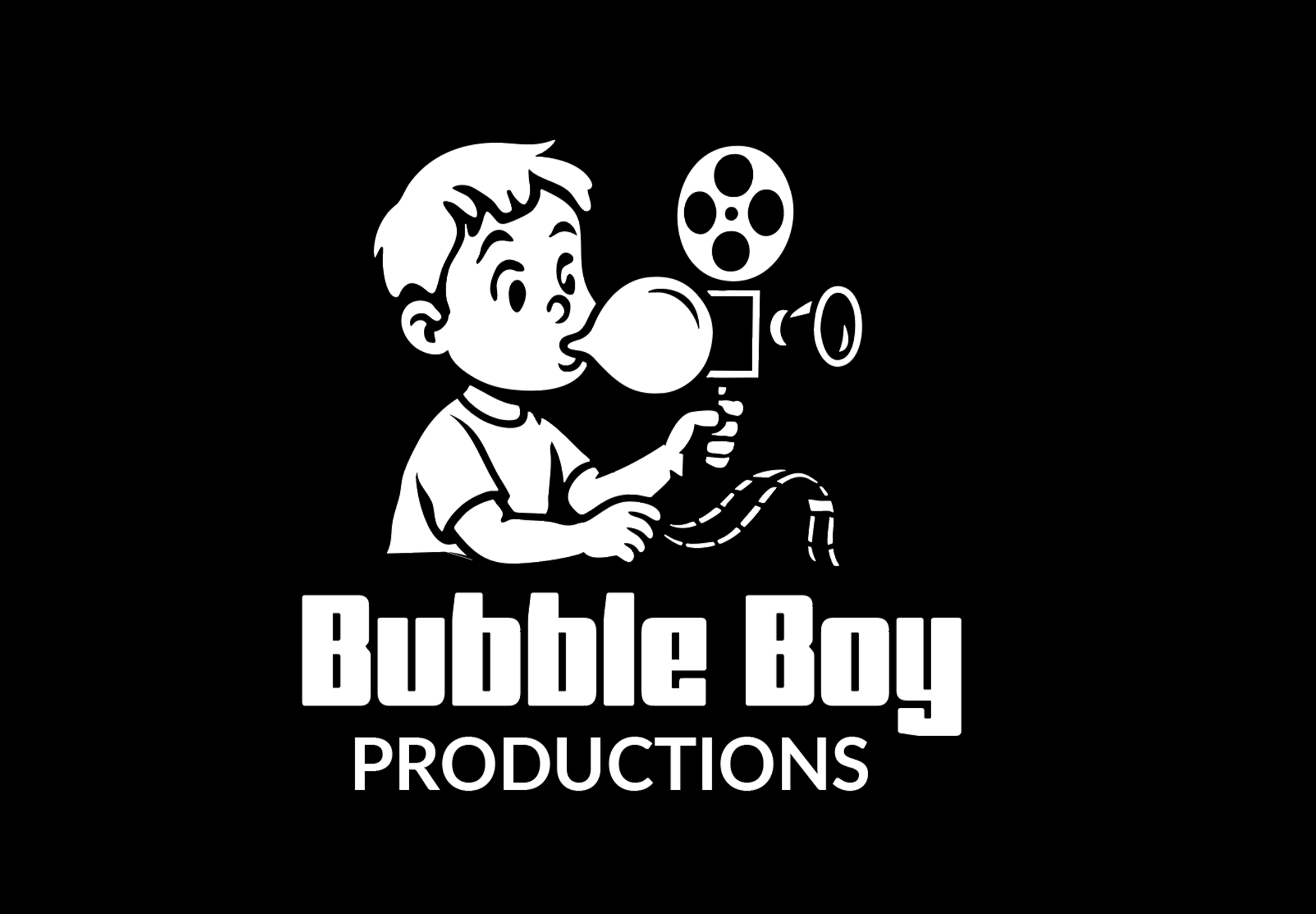 A black and white logo for Bubble Boy Productions featuring a cartoon boy with spiky hair blowing a bubble with bubble gum, holding a vintage film camera, with the company name below.