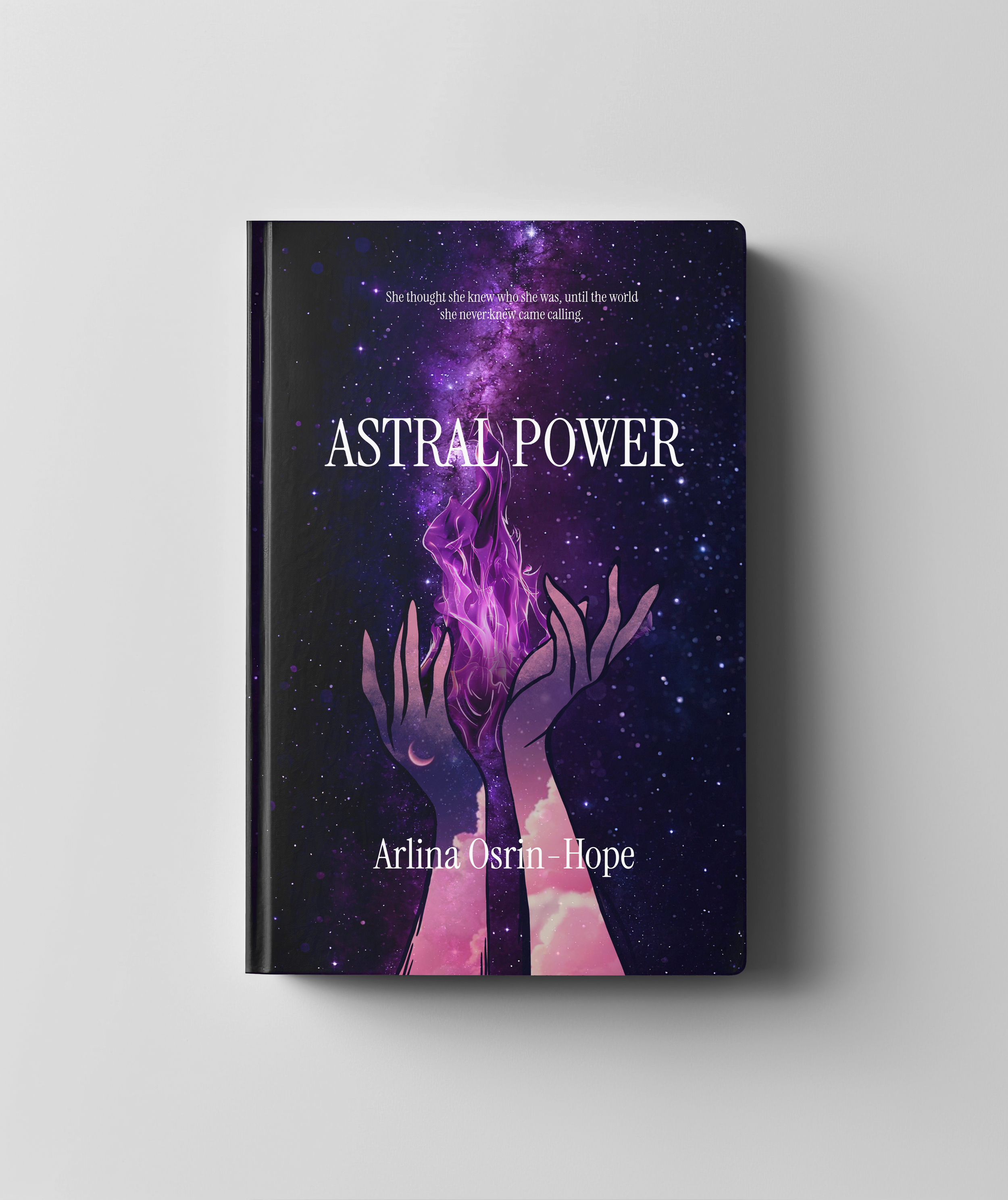 Book cover titled "Astral Power" by Arlina Osrin-Hope, featuring a cosmic background with a hand and purple flames rising from it, against a white background.