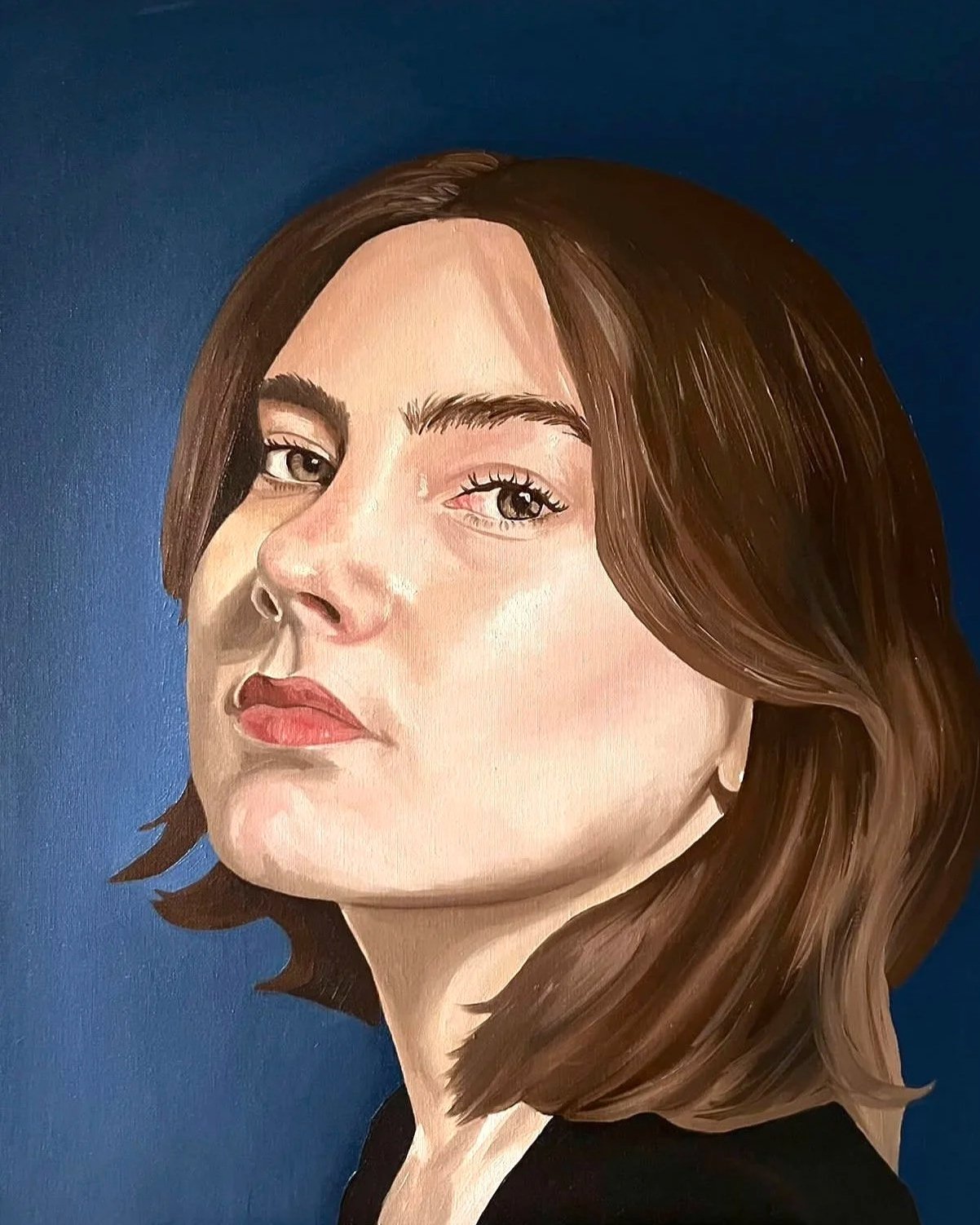 Close-up oil painting portrait of a woman with brown hair, fair skin, and red lipstick against a dark blue background.