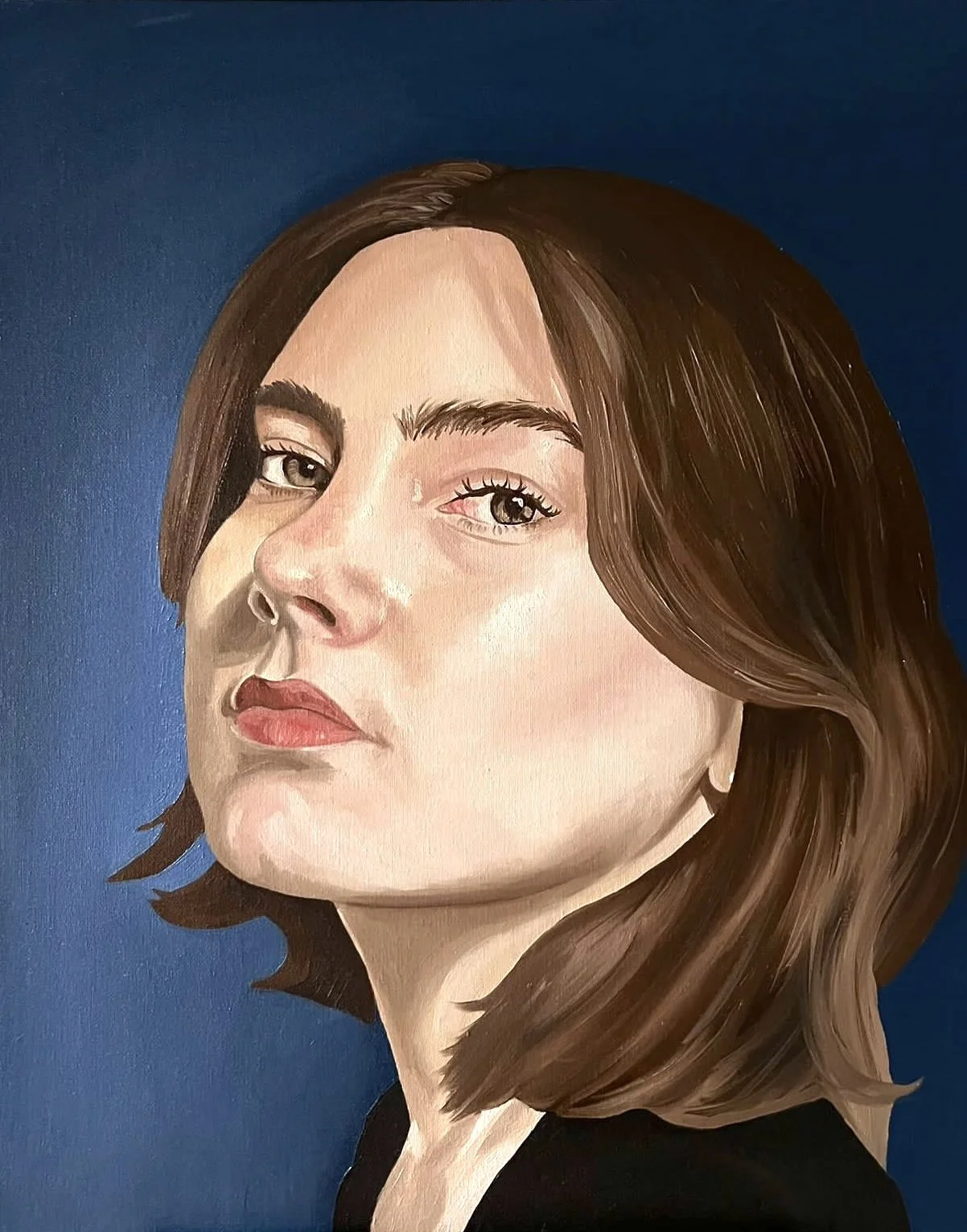 A oil painting portrait of a young woman with shoulder-length brown hair, fair skin, and parted lips, against a dark blue background.