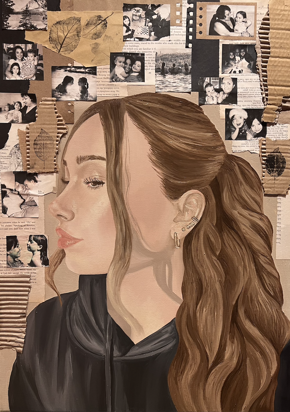 A painted portrait of a young woman with long, wavy brown hair, earrings, and a black top, surrounded by torn photographs and newspaper clippings showing candid and posed images of children and adults.