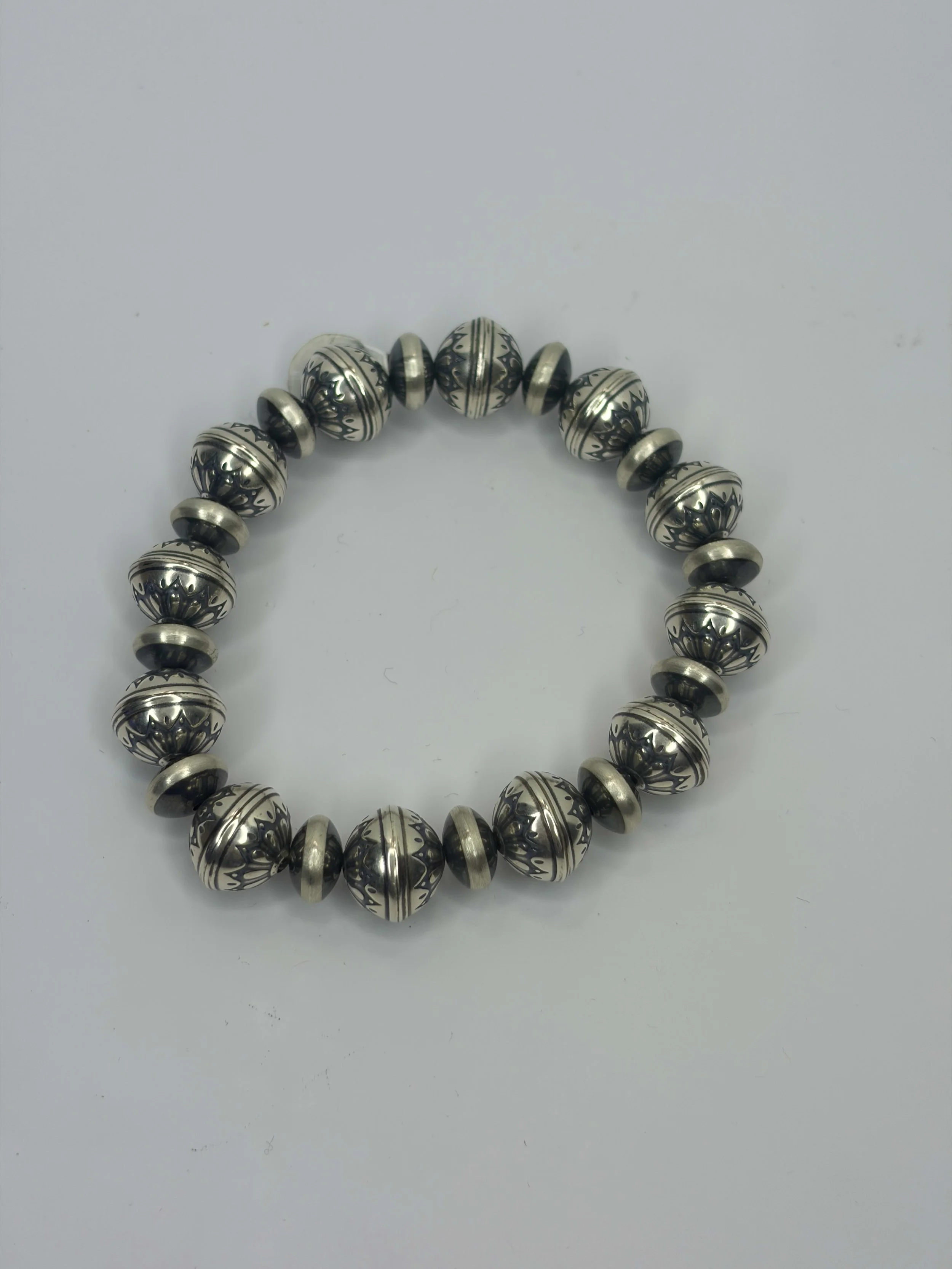 Machine Made Sterling Silver Stamped Bead Stretch Bracelet