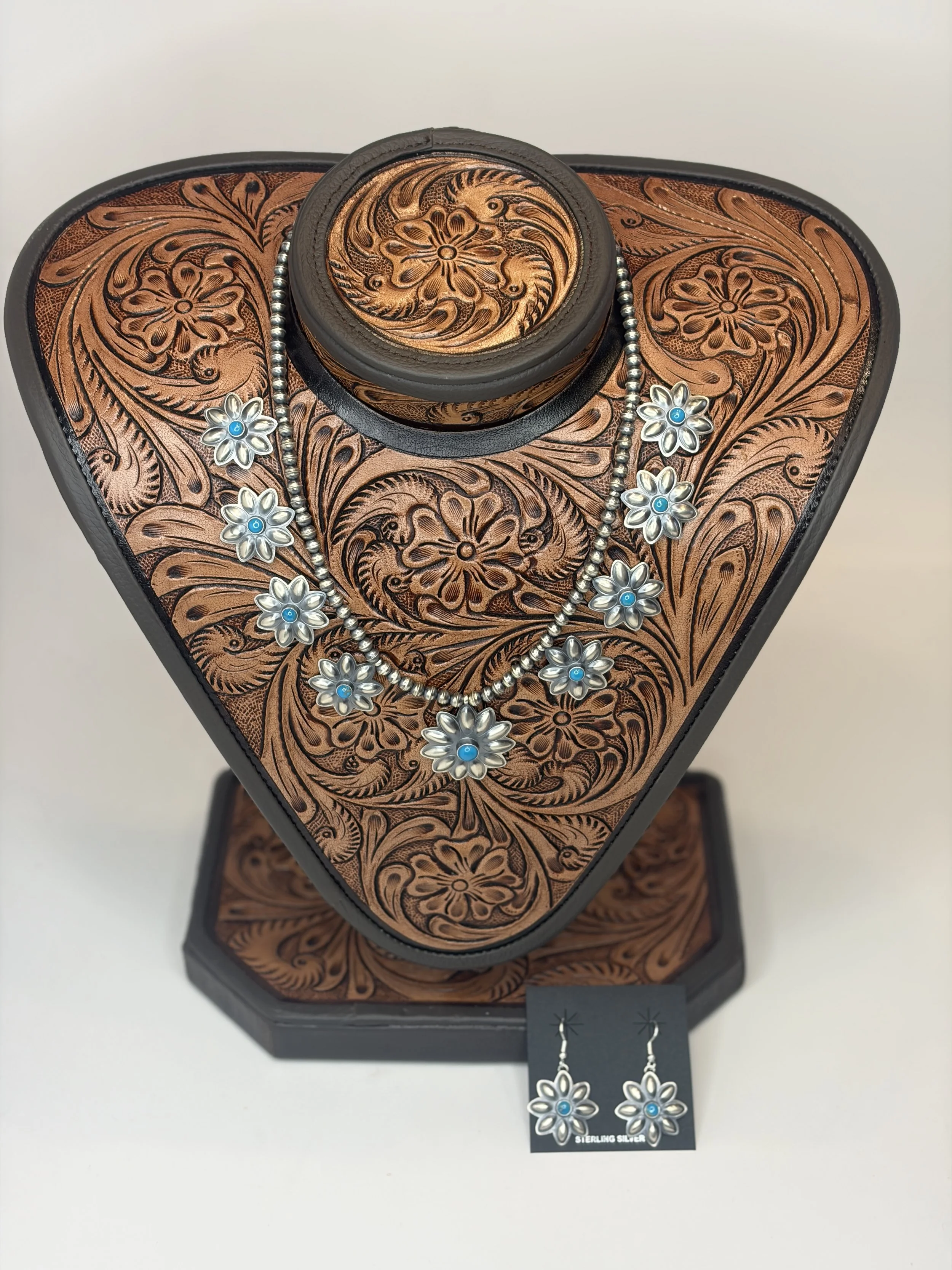 Navajo Turquoise & Sterling Flower Necklace with Earrings