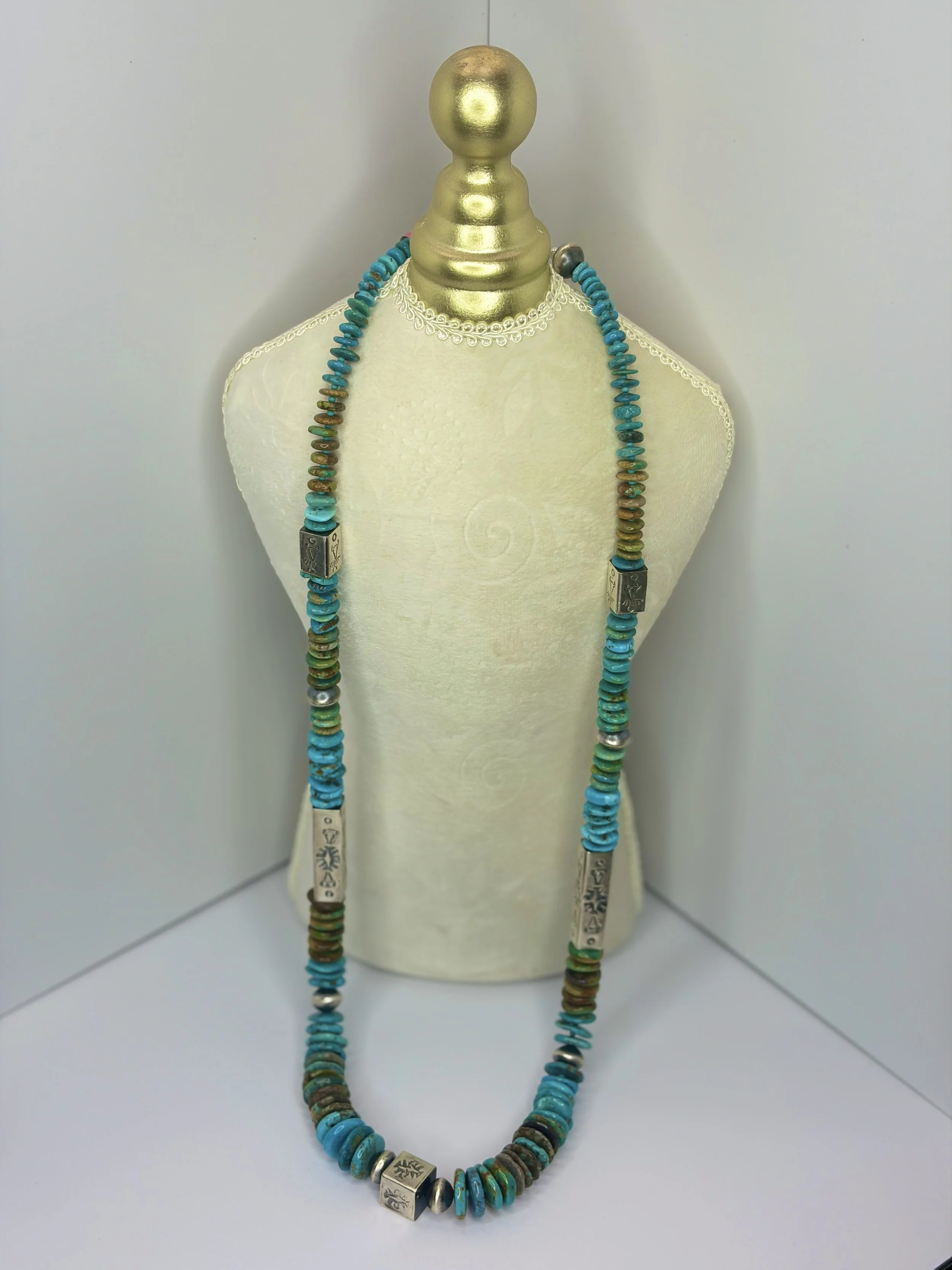 Turquoise Long Necklace with Stamped Silver Accents