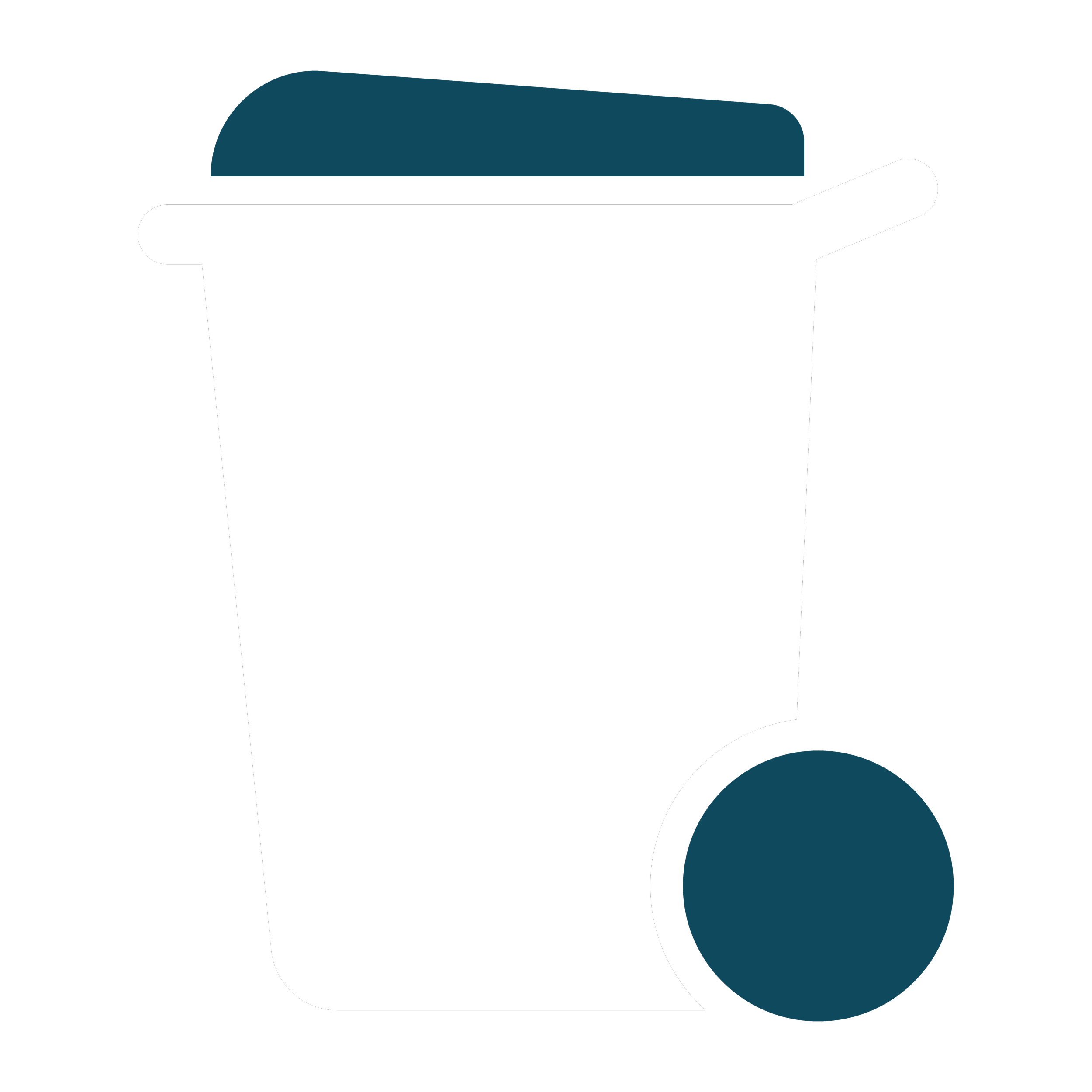 A stylized illustration of a trash can with a round lid and a wheel, depicted in black, white, and dark teal colors.