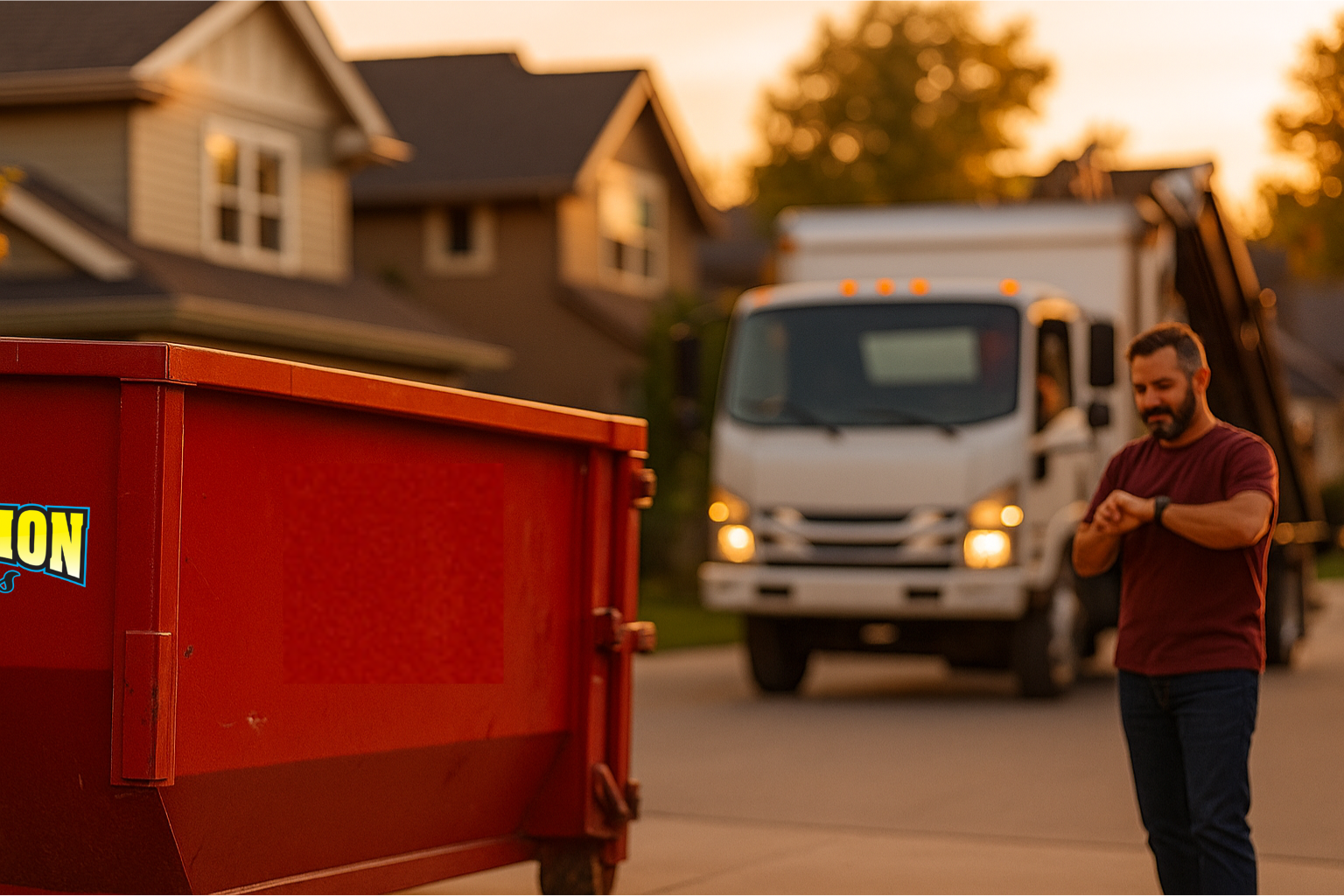 Full roll-off dumpster being hauled away after cleanout