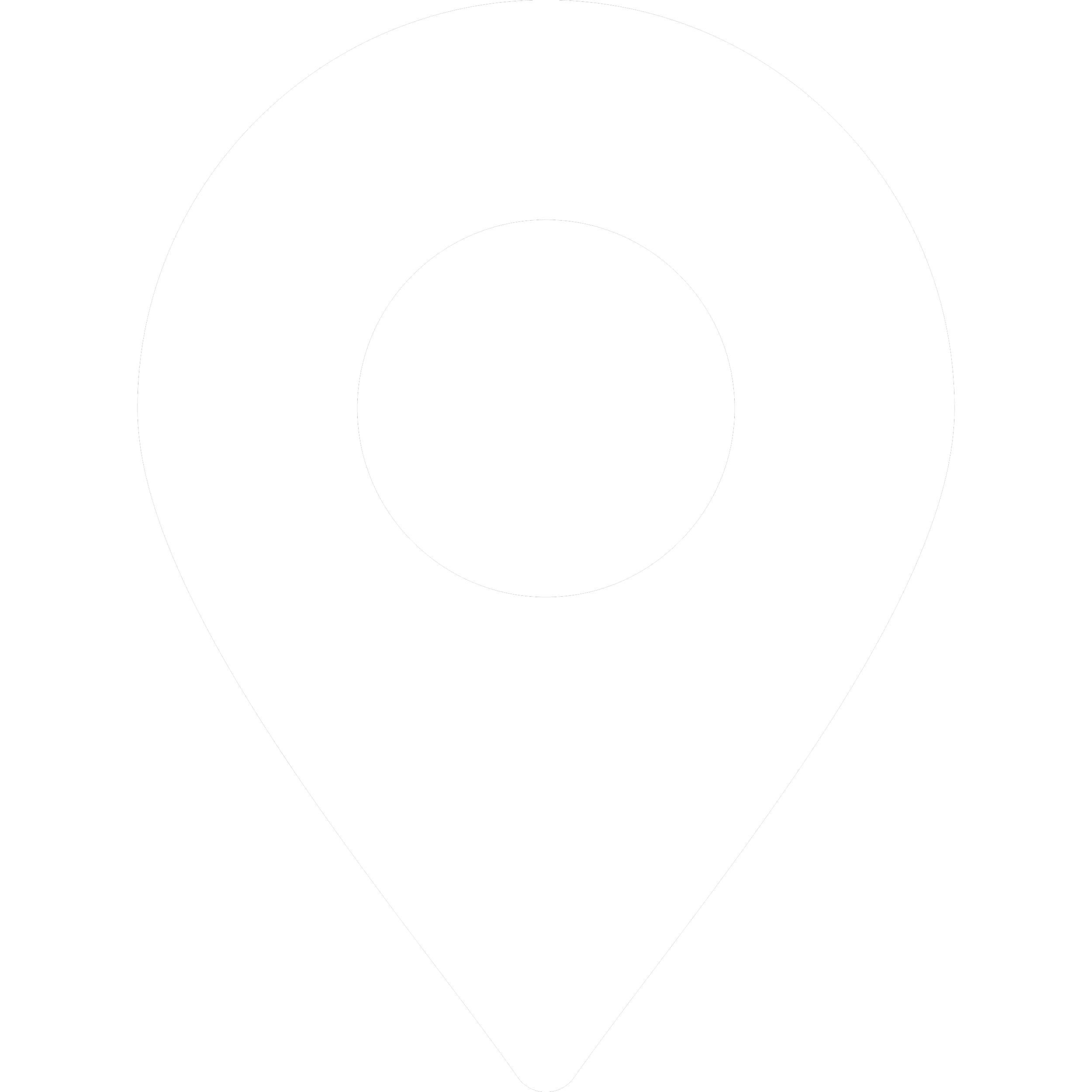 A black and white map location pin icon, with a white pin shape containing a black circle in the middle, set against a black background.