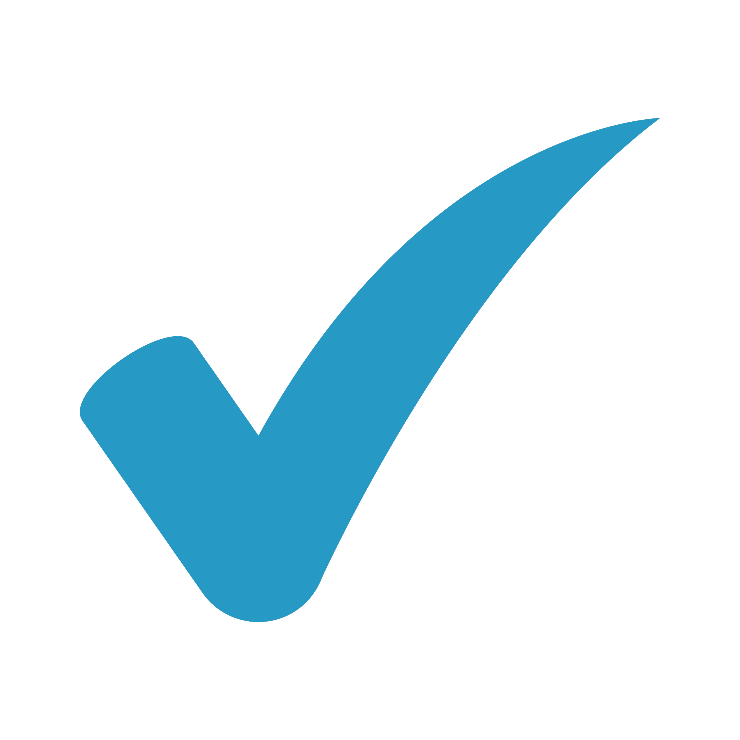 Blue checkmark icon with a curved tail on a black background.