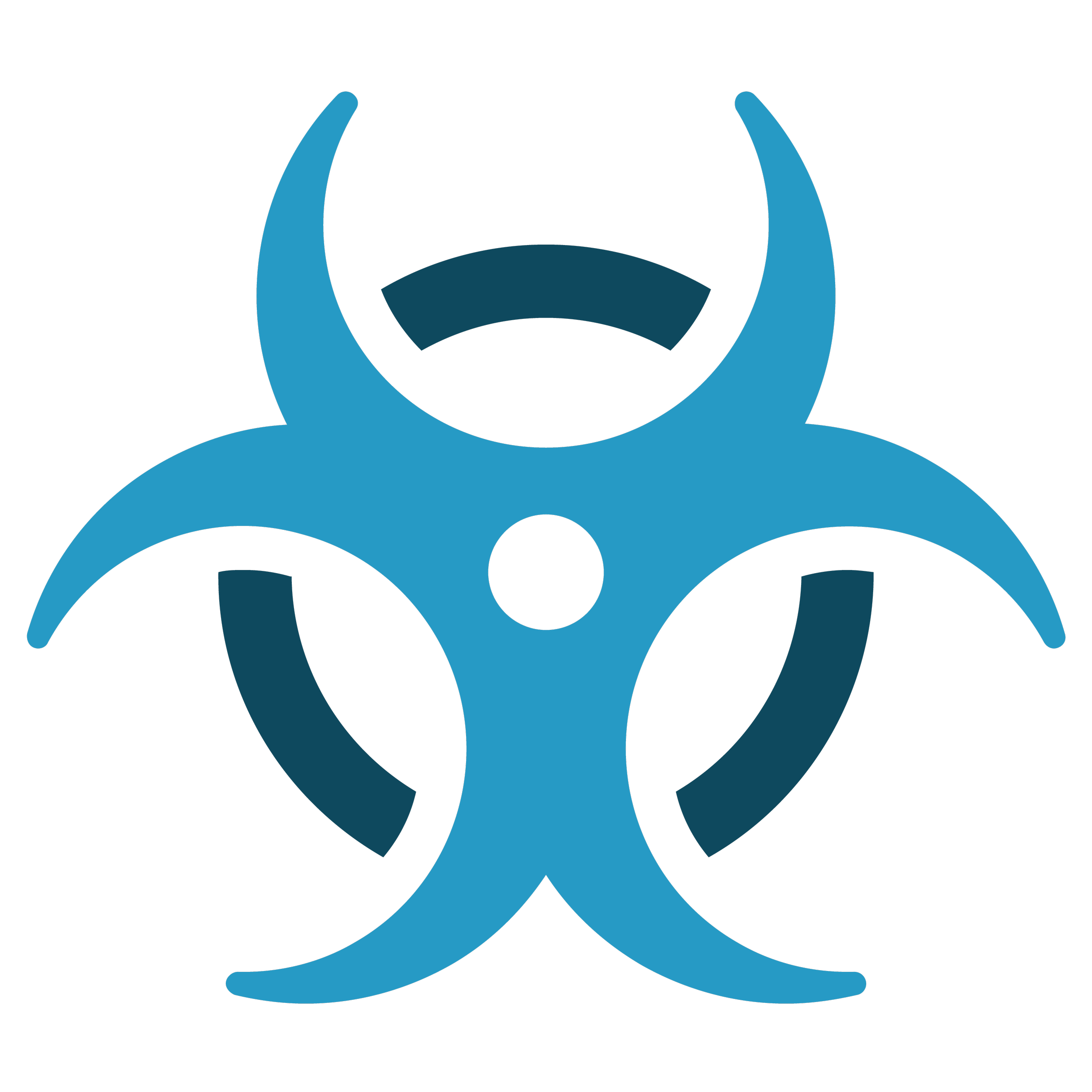 Biohazard symbol with a black background and blue lines.