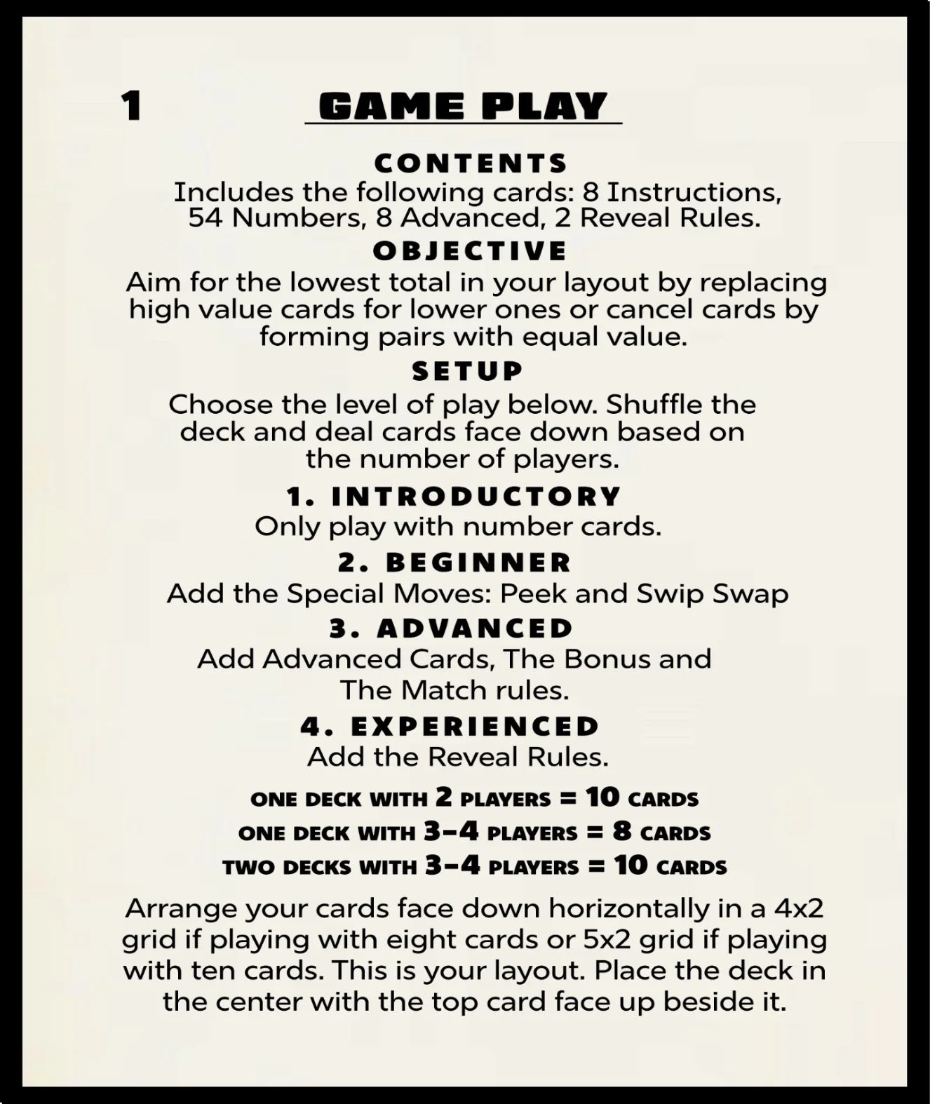 A game instructions sheet for a card game titled 'Game Play'. It details the contents, objective, setup, and different levels of play, along with layout guidelines for arranging cards on a table.