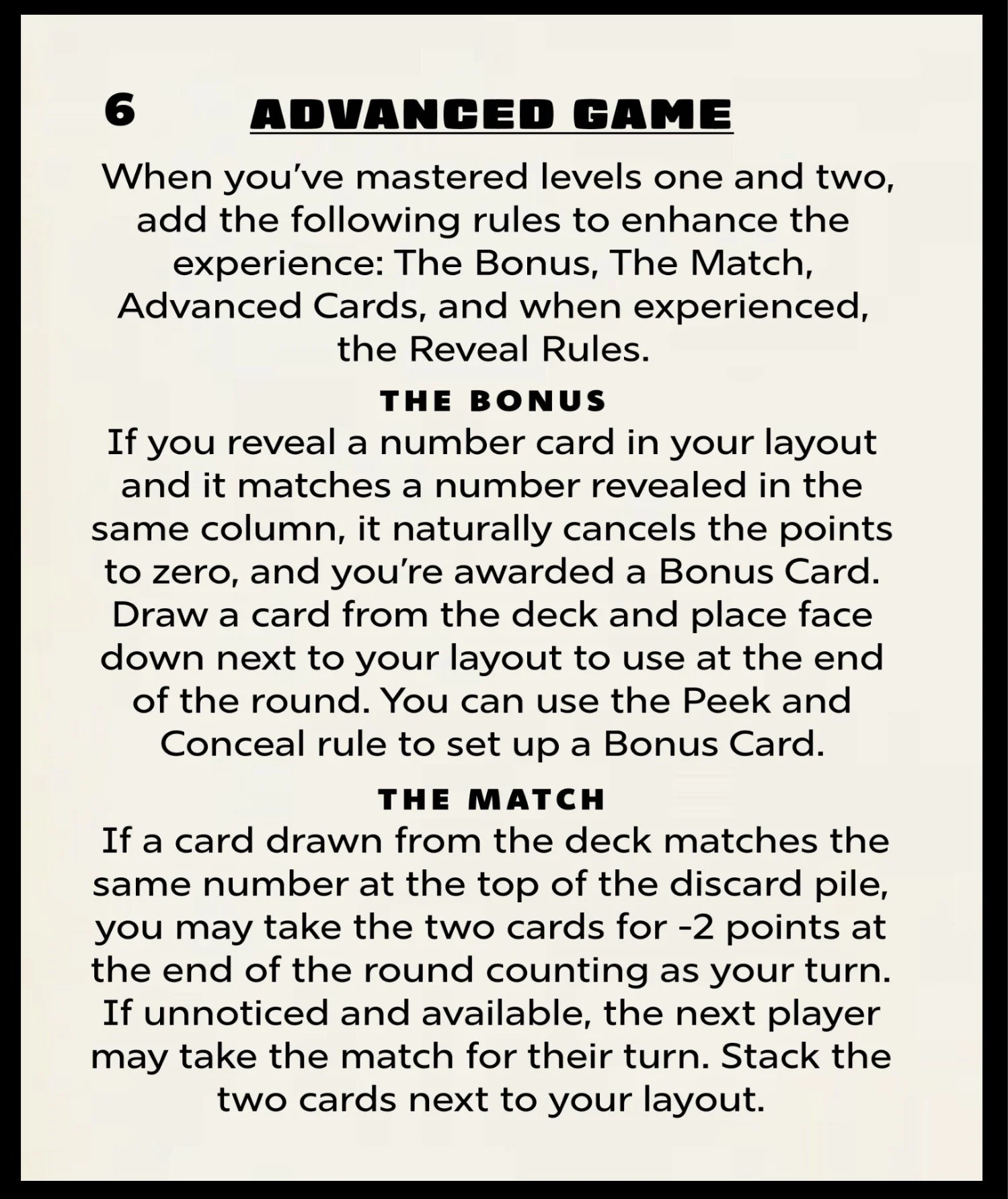 Page from a card game rulebook titled 'Advanced Game' with instructions on bonus rules and match procedures.