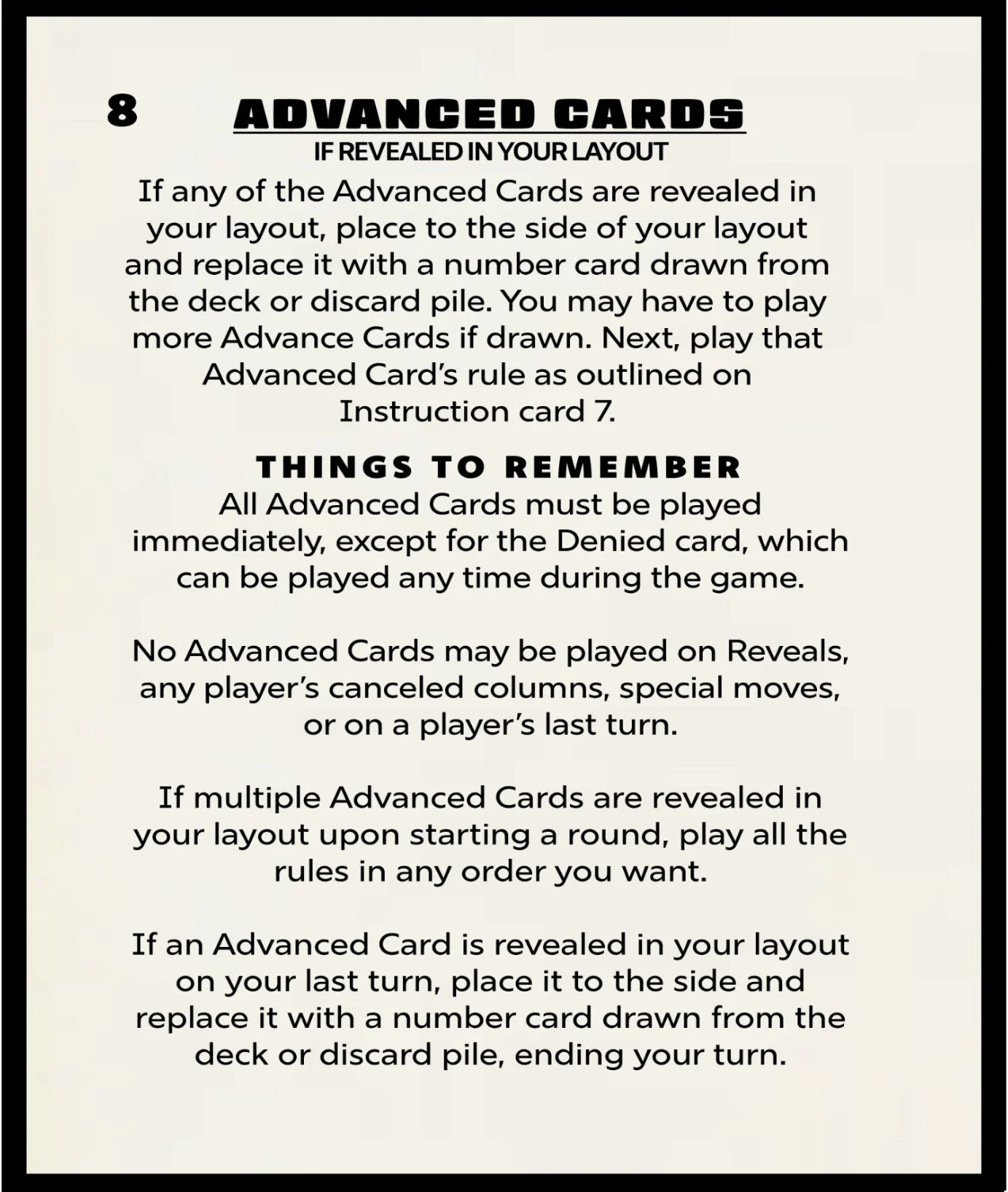 Rules for advanced cards during a game, including instructions for playing multiple advanced cards, the use of revealed cards, and gameplay restrictions.