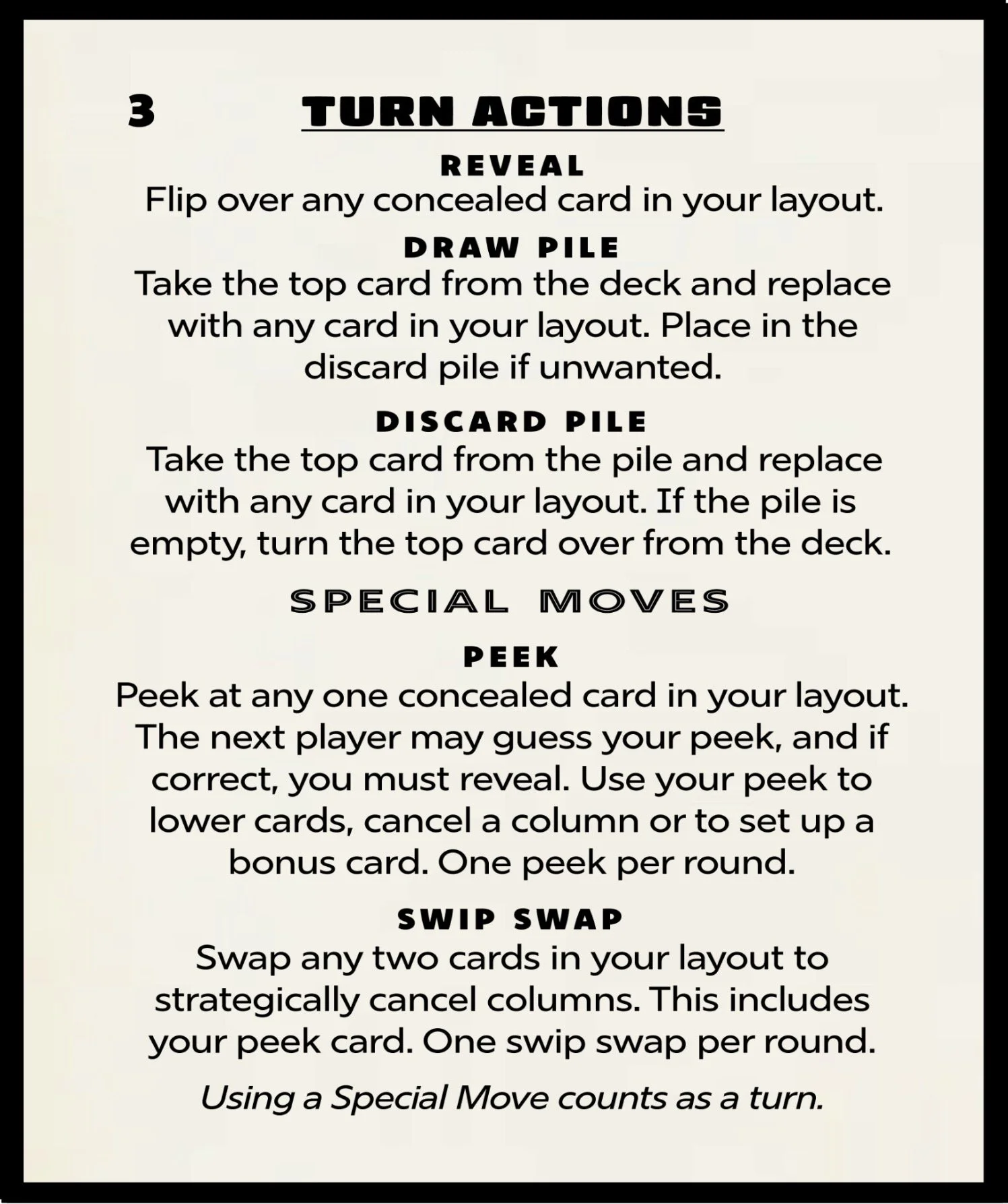 Page showing instructions for a game, including sections on revealing cards, drawing piles, discard piles, special moves like peek, and swap swap, with detailed explanations of each action.