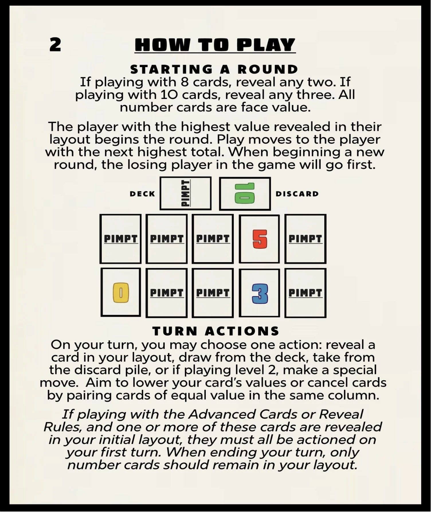 Game instructions for how to play a card game, including starting a round and turn actions, with a layout of cards showing face values and options to deck or discard.